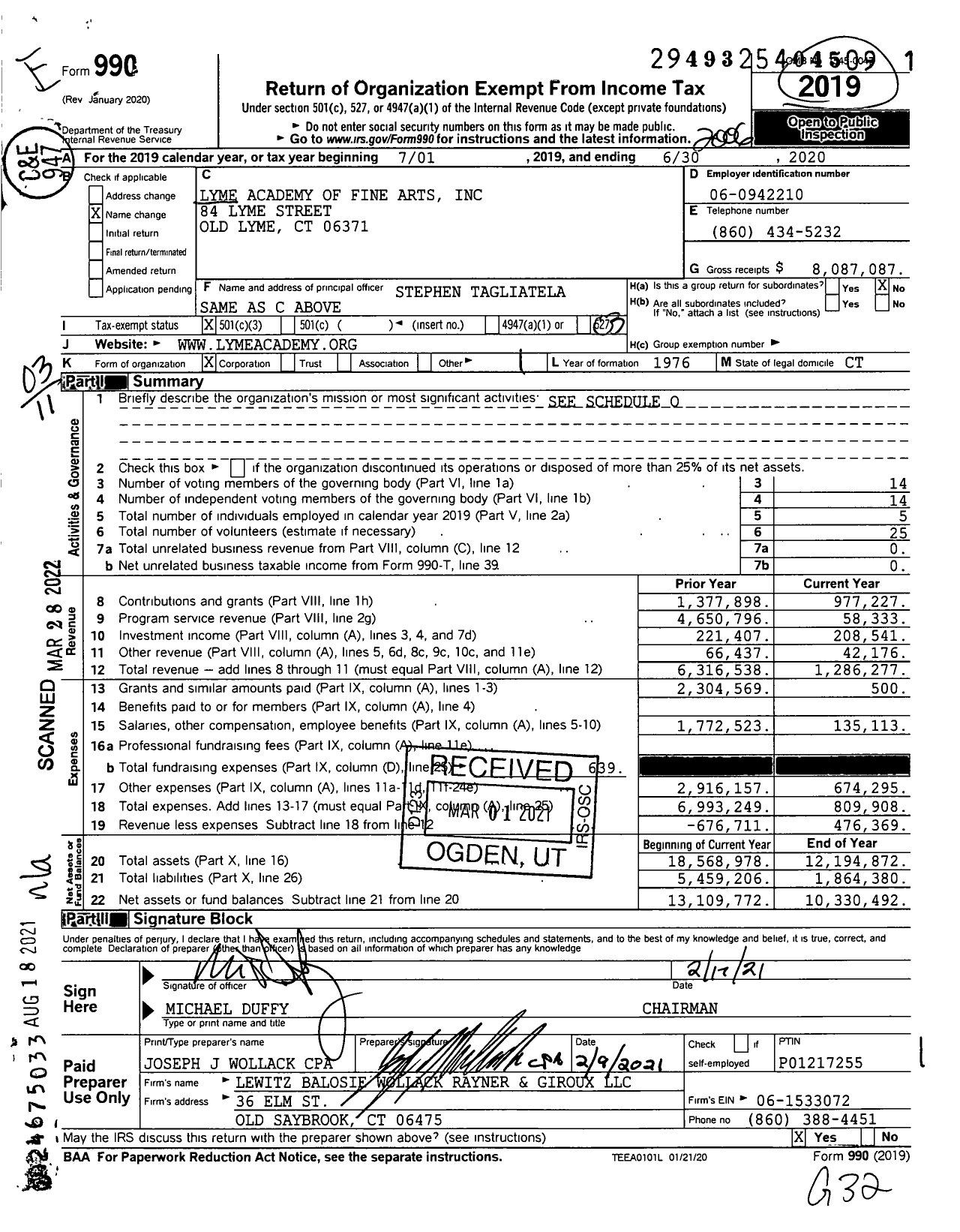 Image of first page of 2019 Form 990 for Lyme Academy of Fine Arts