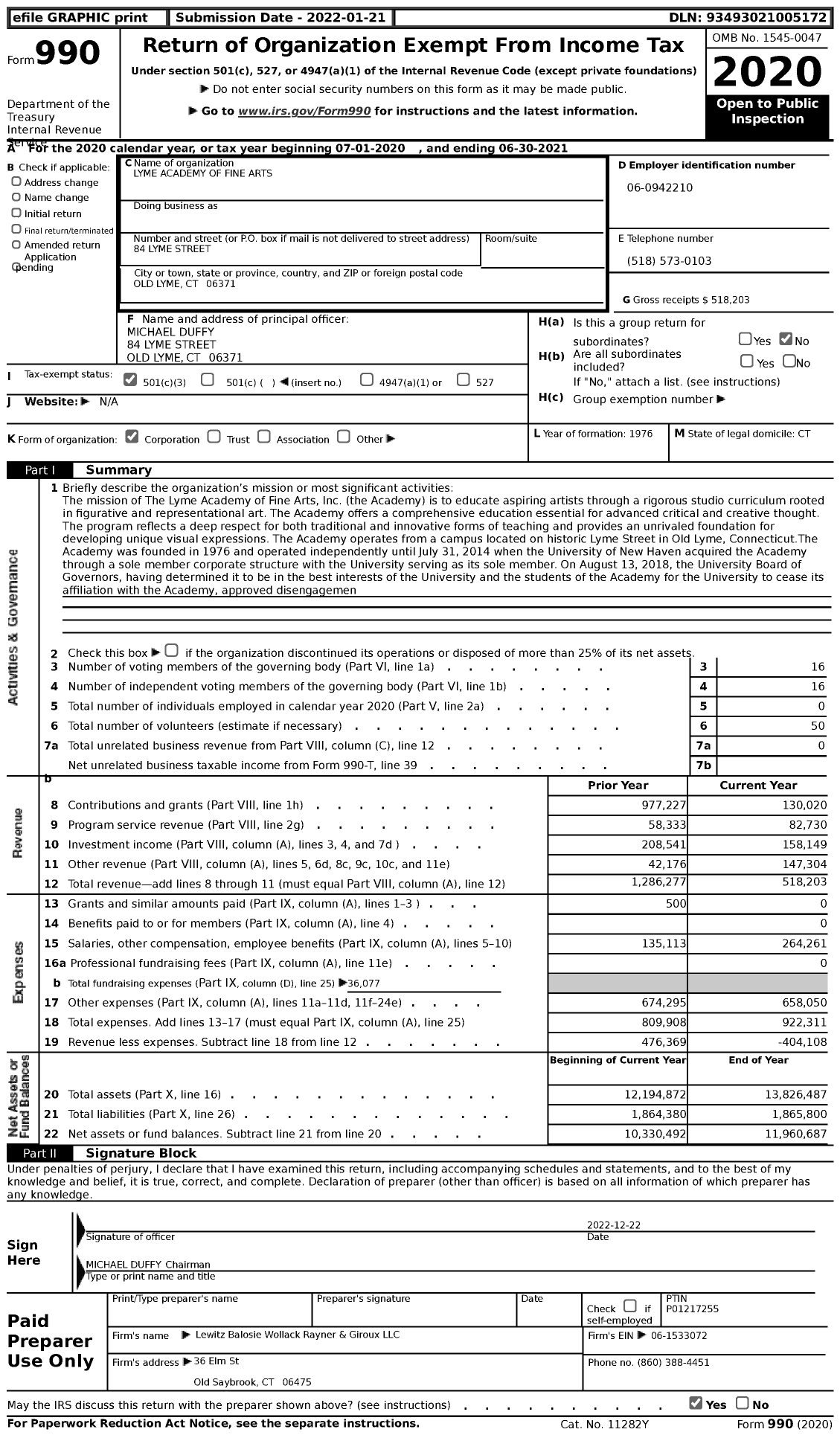 Image of first page of 2020 Form 990 for Lyme Academy of Fine Arts