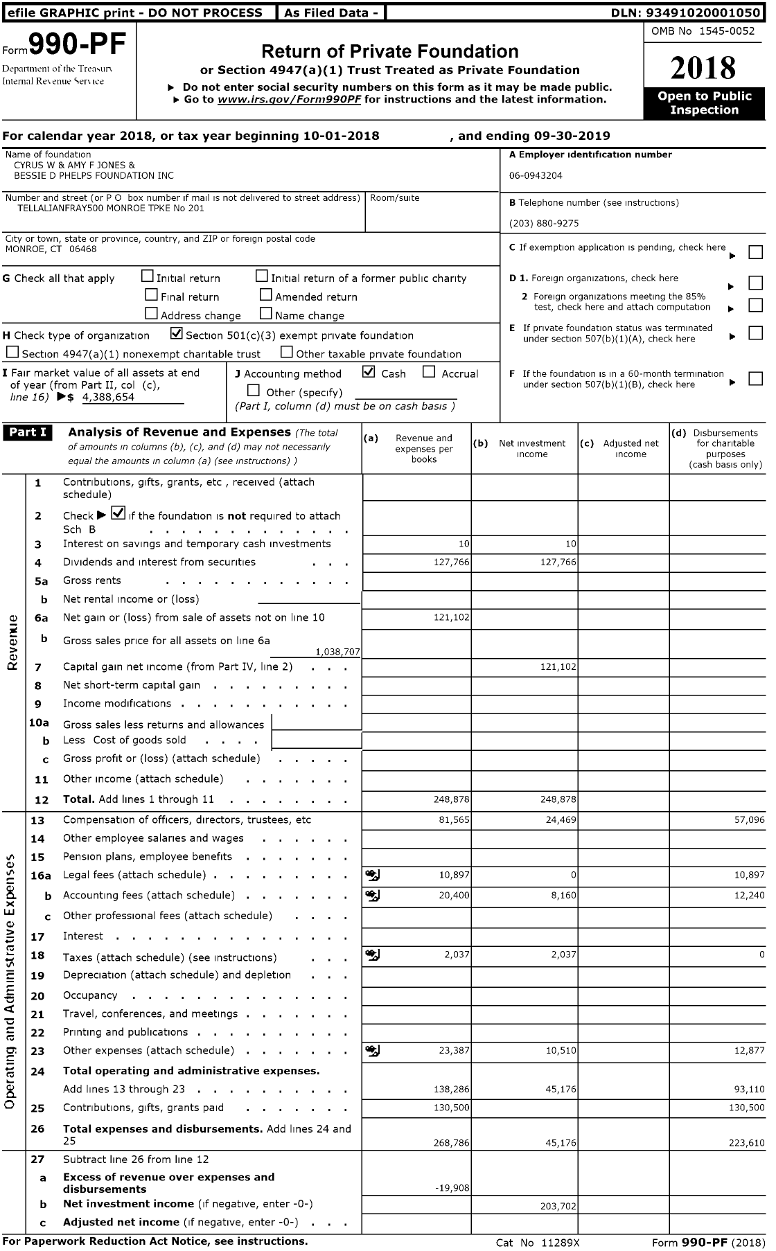 Image of first page of 2018 Form 990PR for Cyrus W and Amy F Jones and Bessie D Phelps Foundation