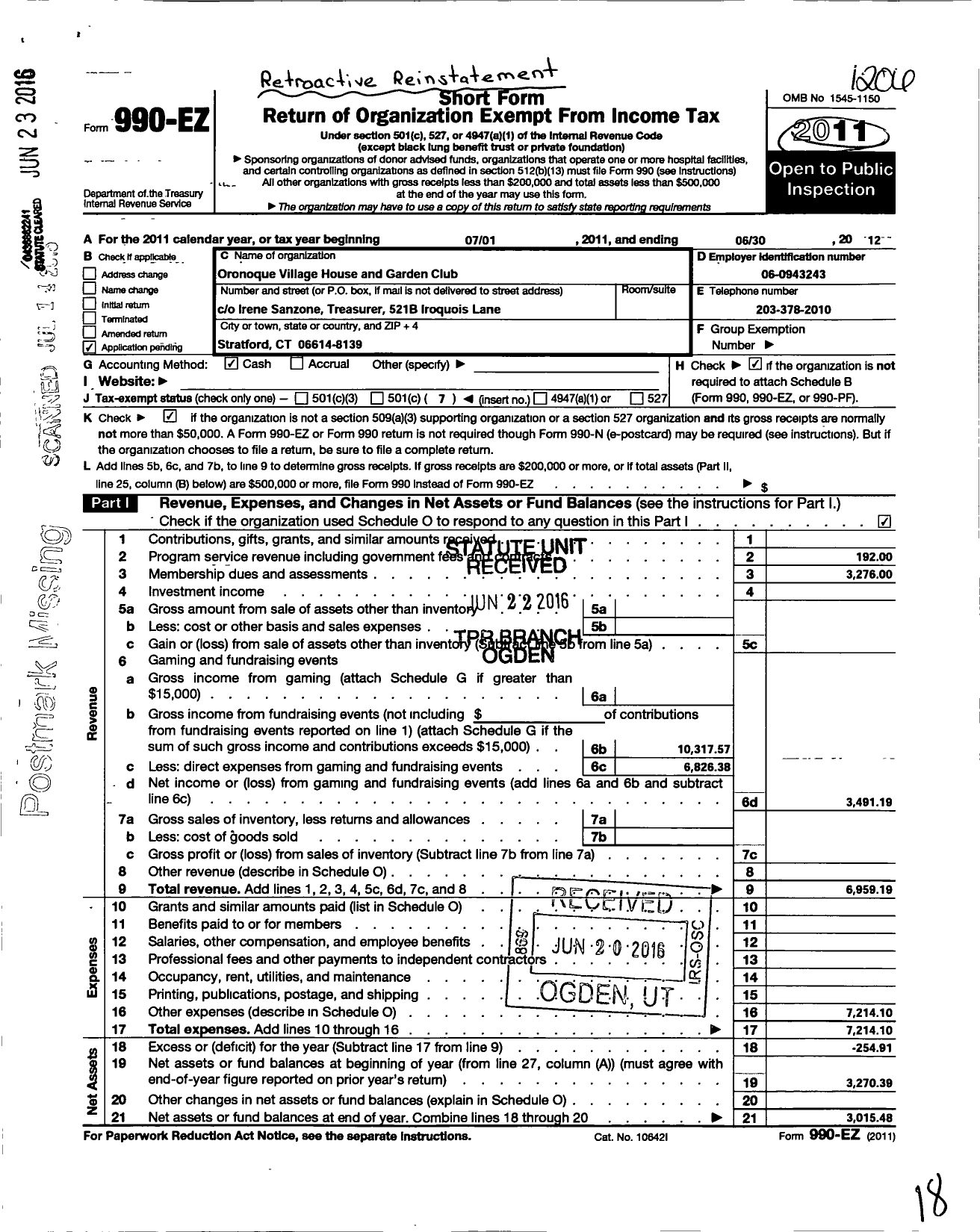 Image of first page of 2011 Form 990EO for Oronoque Village Garden Club