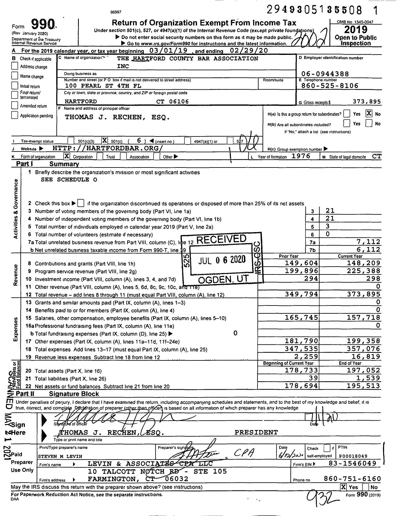 Image of first page of 2019 Form 990O for The Hartford County Bar Association