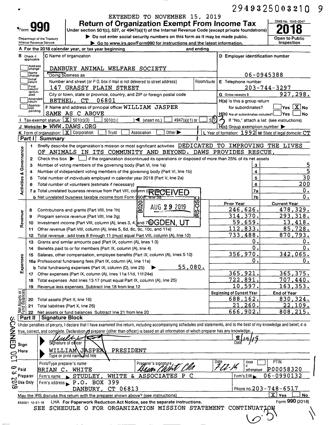 Image of first page of 2018 Form 990 for Danbury Animal Welfare Society (DAWS)