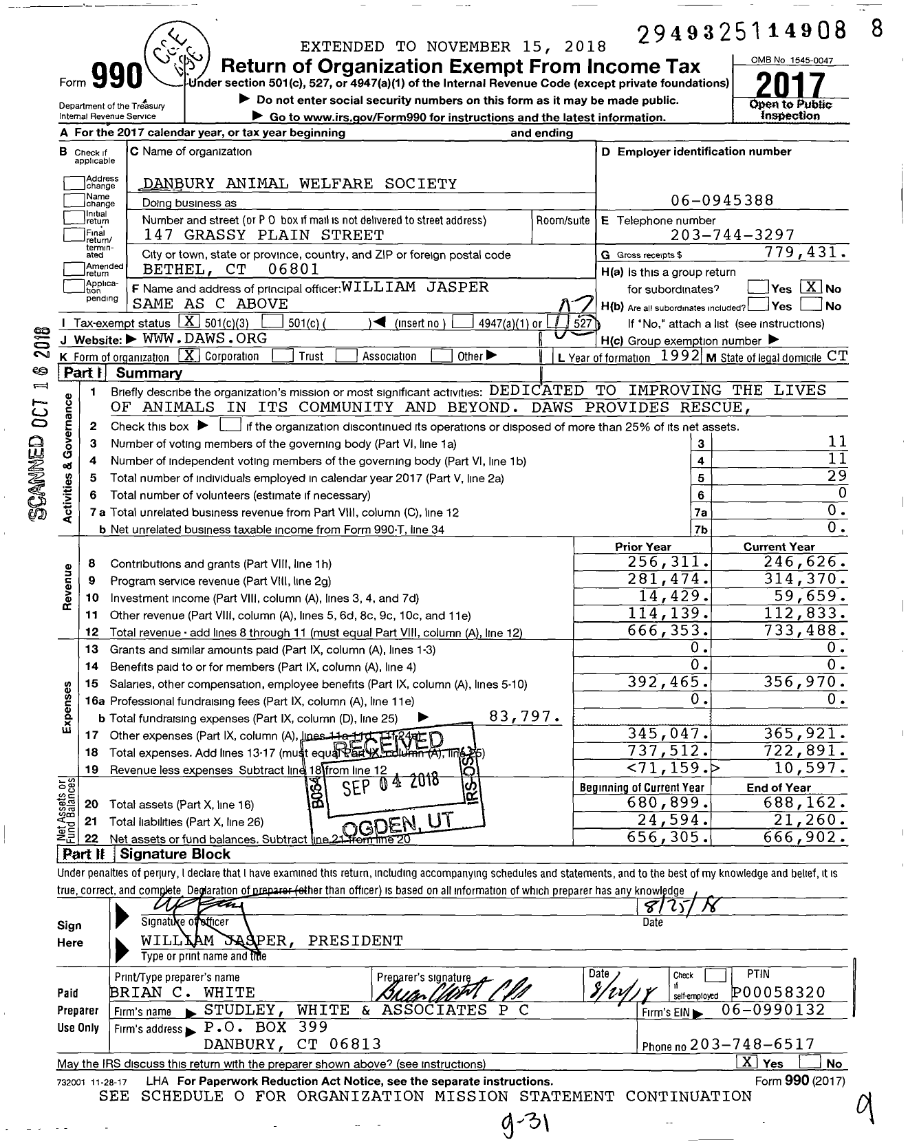 Image of first page of 2017 Form 990 for Danbury Animal Welfare Society (DAWS)