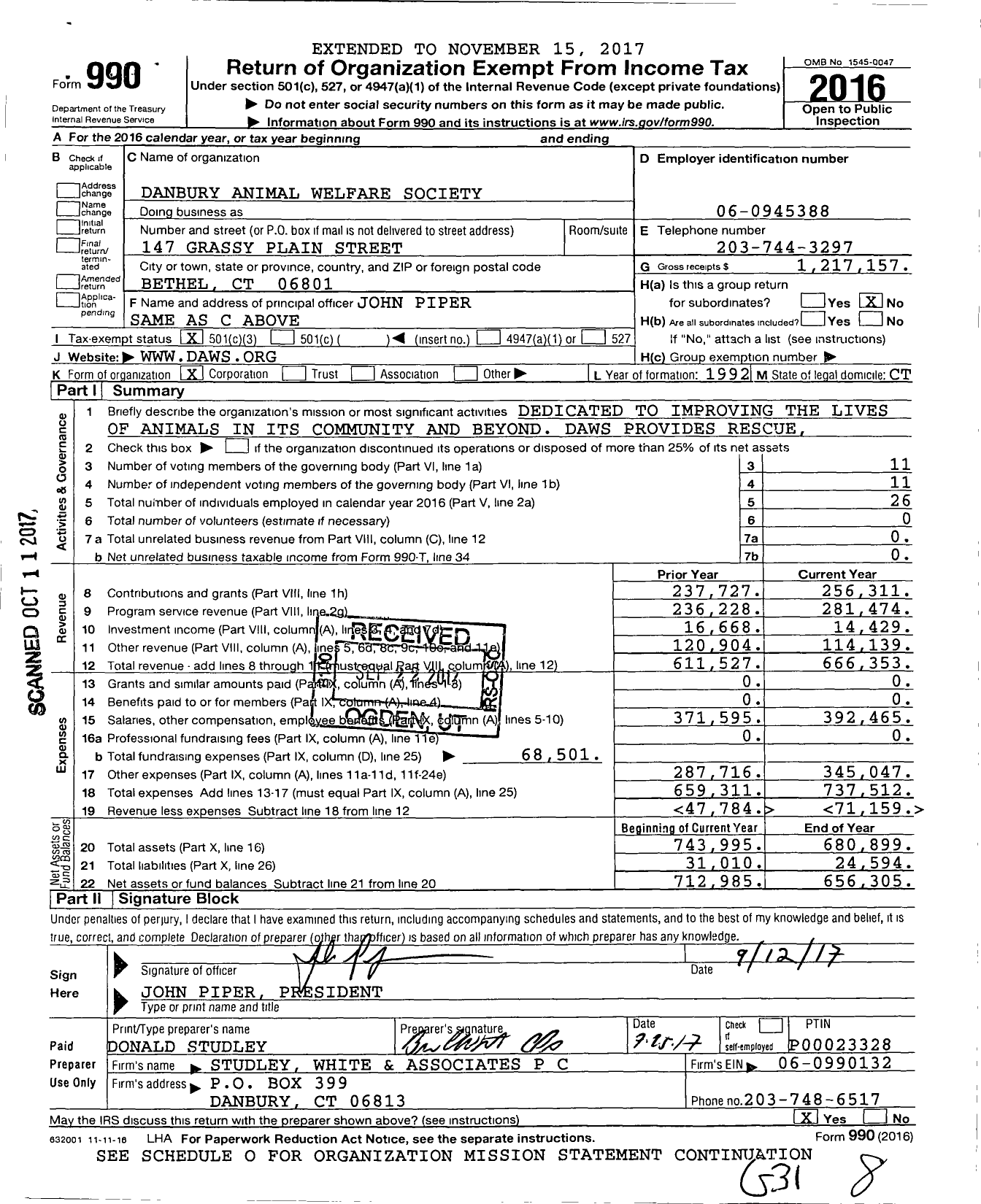 Image of first page of 2016 Form 990 for Danbury Animal Welfare Society (DAWS)