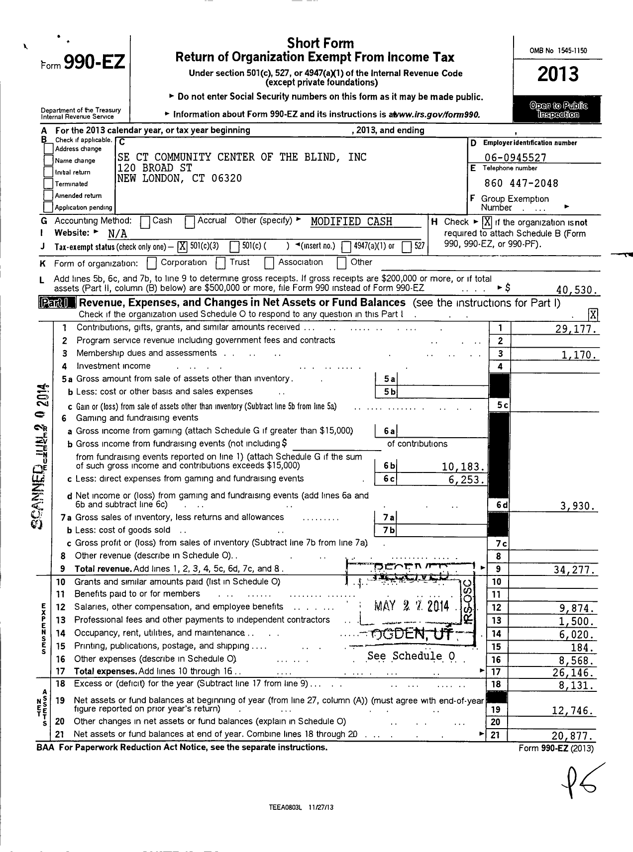 Image of first page of 2013 Form 990EZ for South East Connecticut Community Center of the Blind