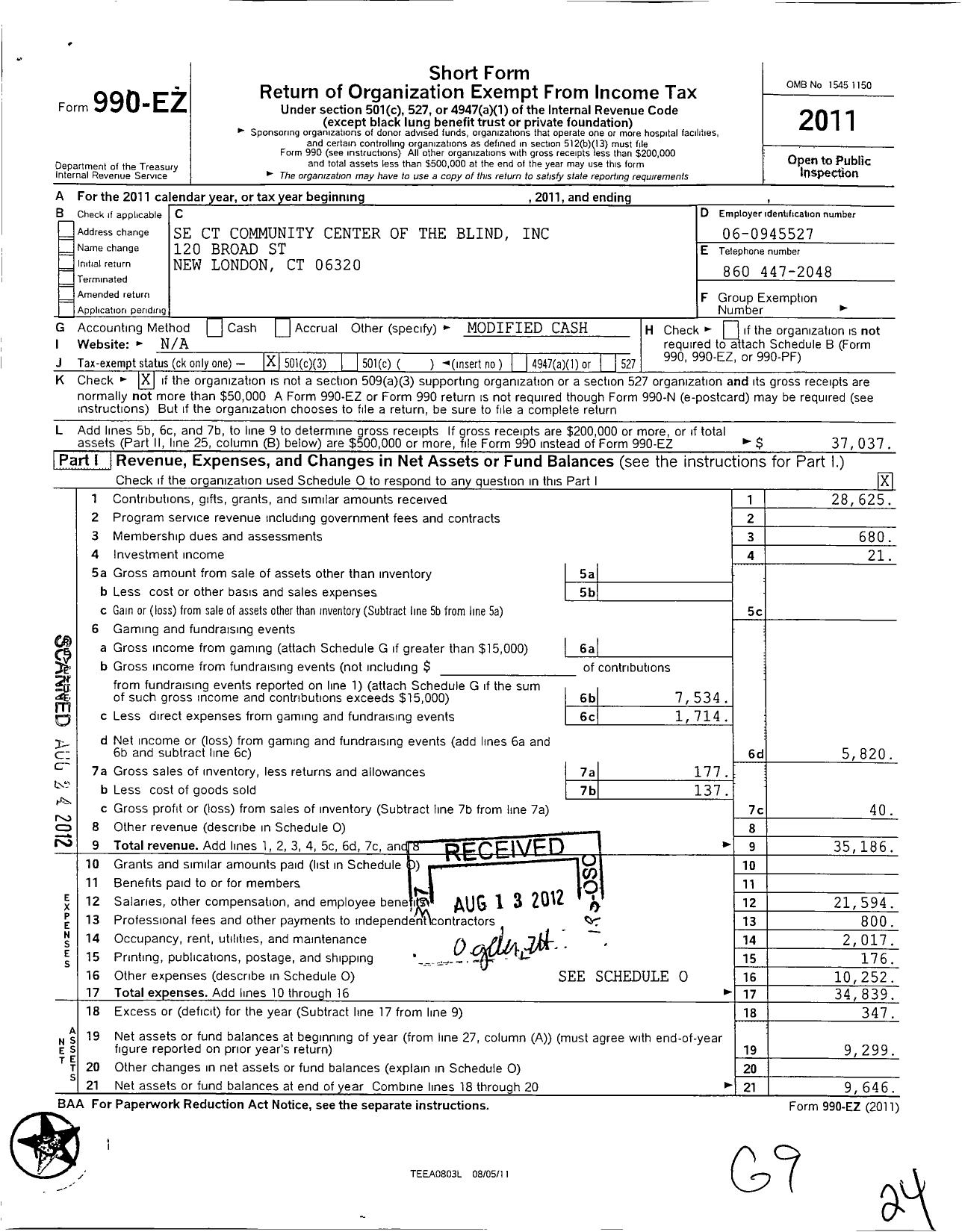 Image of first page of 2011 Form 990EZ for South East Connecticut Community Center of the Blind