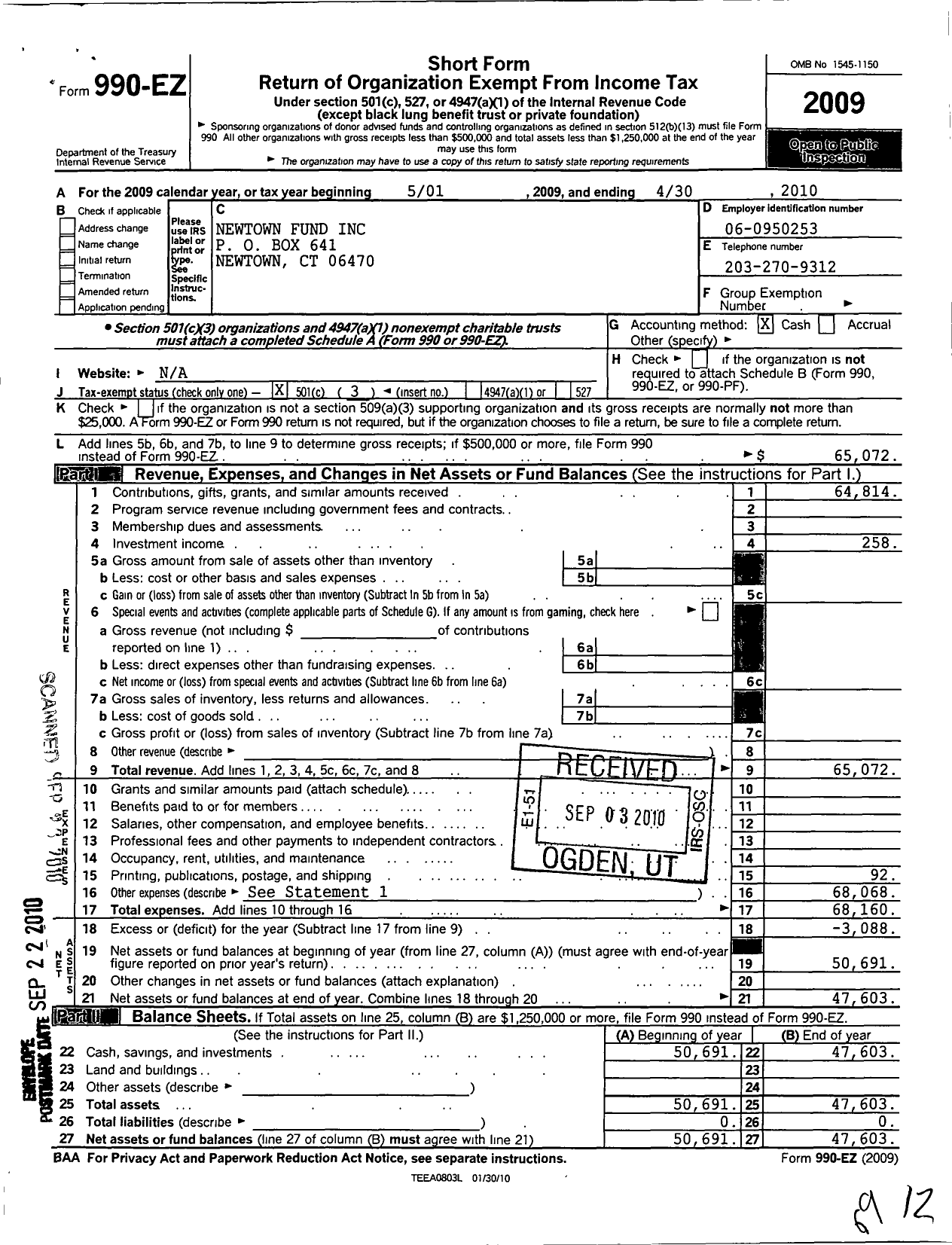 Image of first page of 2009 Form 990EZ for Newtown Fund