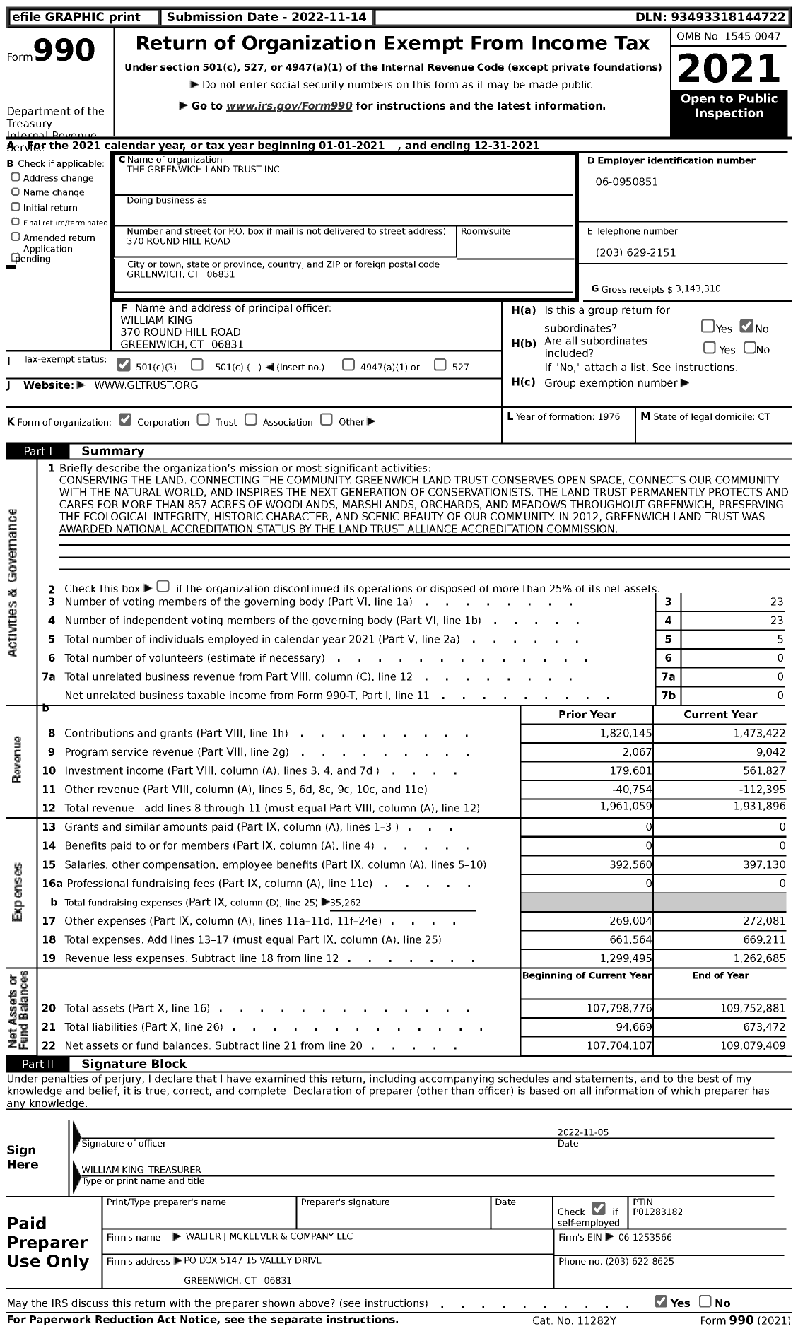 Image of first page of 2021 Form 990 for Greenwich Land Trust (GLT)