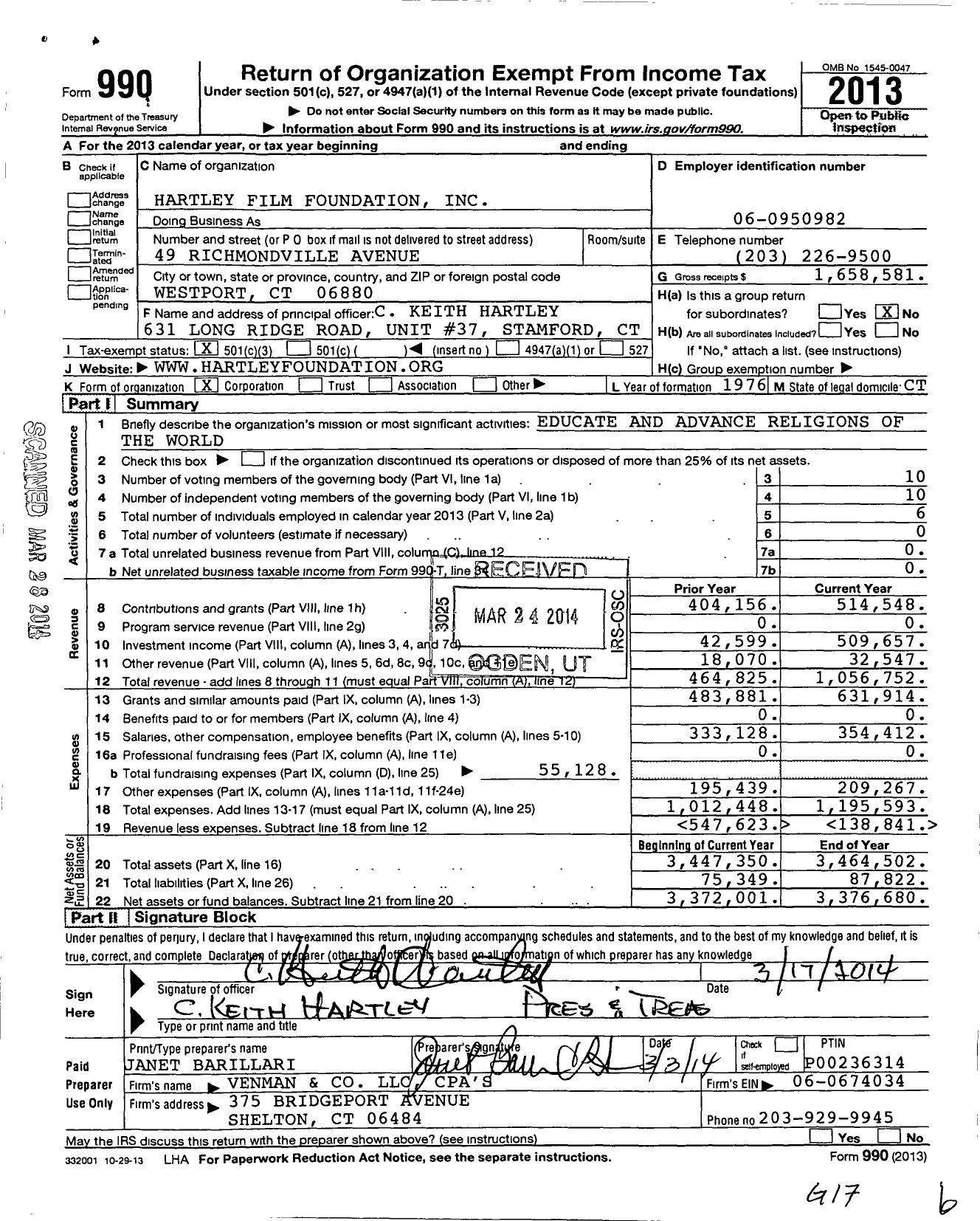 Image of first page of 2013 Form 990 for Hartley Film Foundation