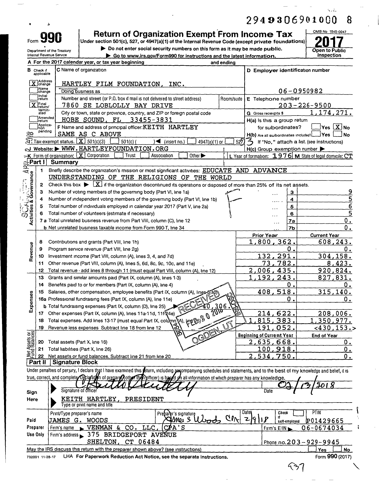 Image of first page of 2017 Form 990 for Hartley Film Foundation