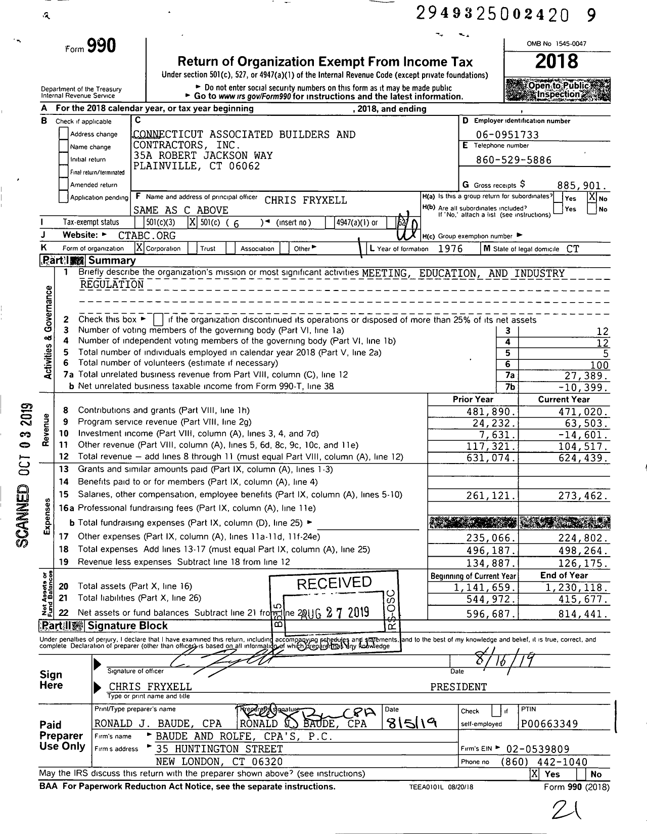 Image of first page of 2018 Form 990O for Associated Builders and Contractors - Connecticut Chapter