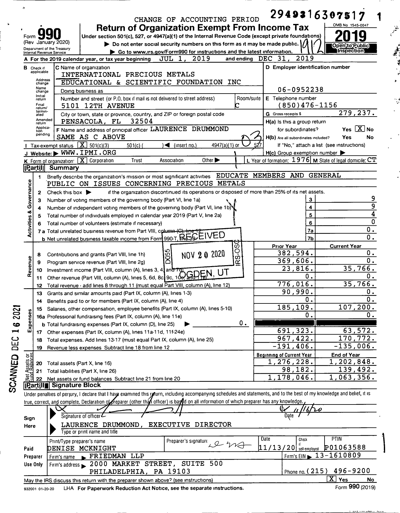 Image of first page of 2019 Form 990 for International Precious Metals Educational and Scientific Foundation (IPMI)