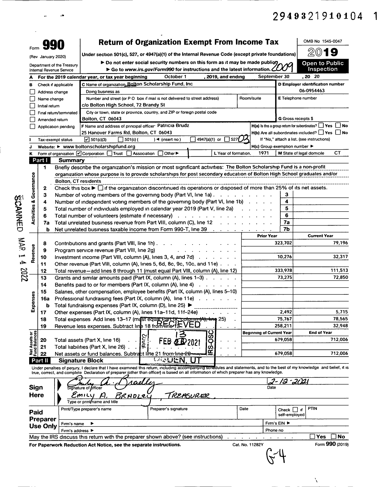 Image of first page of 2019 Form 990 for Bolton Scholarship Fund
