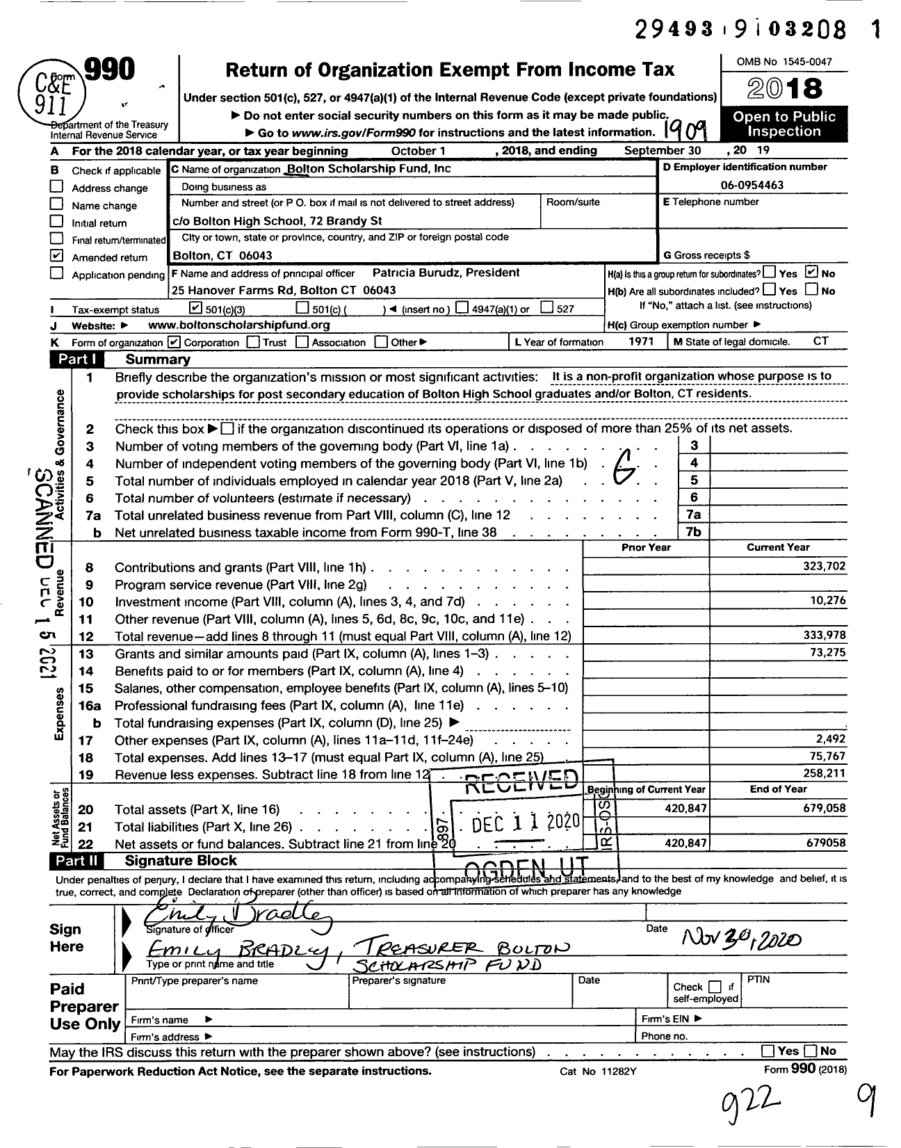 Image of first page of 2018 Form 990 for Bolton Scholarship Fund