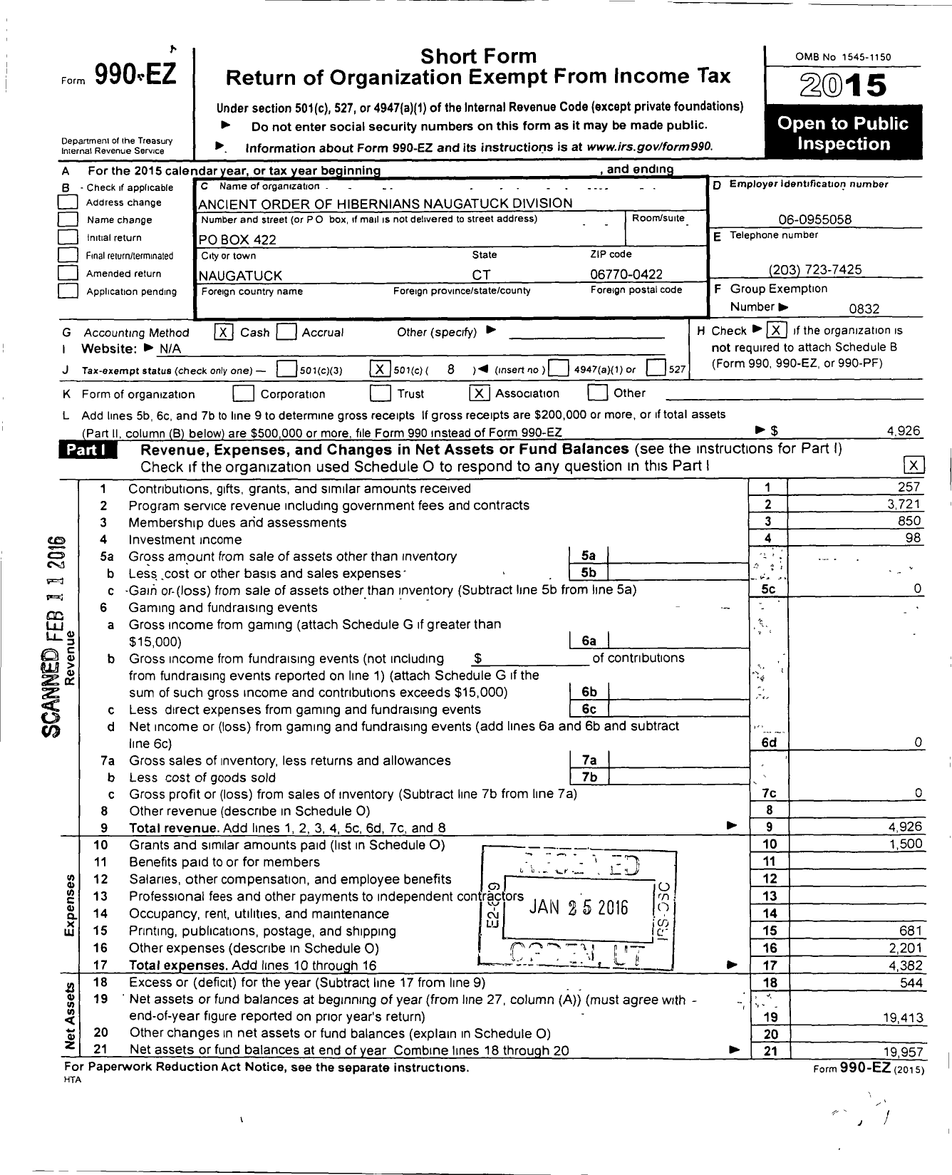 Image of first page of 2015 Form 990EO for Ancient Order of Hibernians in America - 06 NH 1N