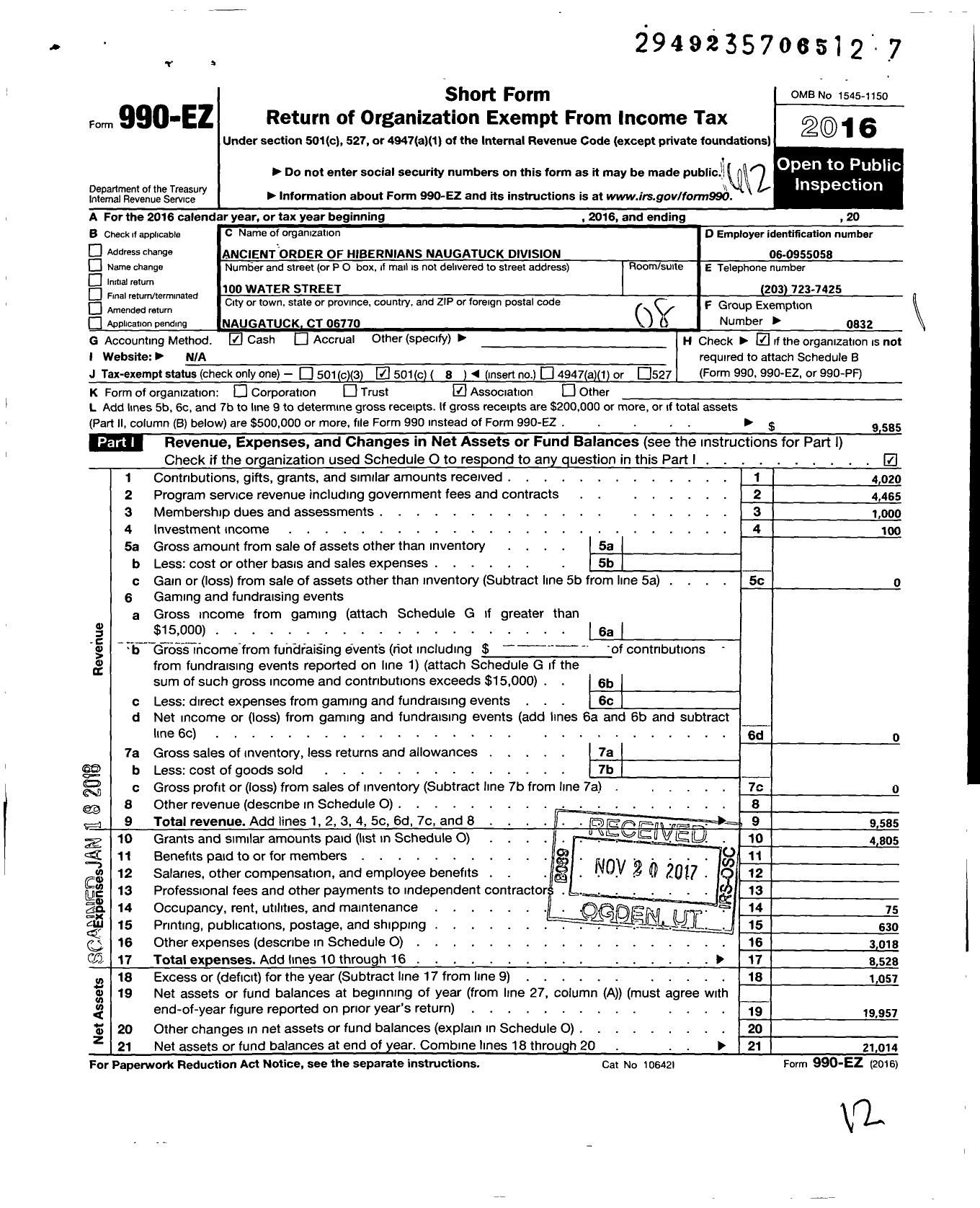 Image of first page of 2016 Form 990EO for Ancient Order of Hibernians in America - 06 NH 1N