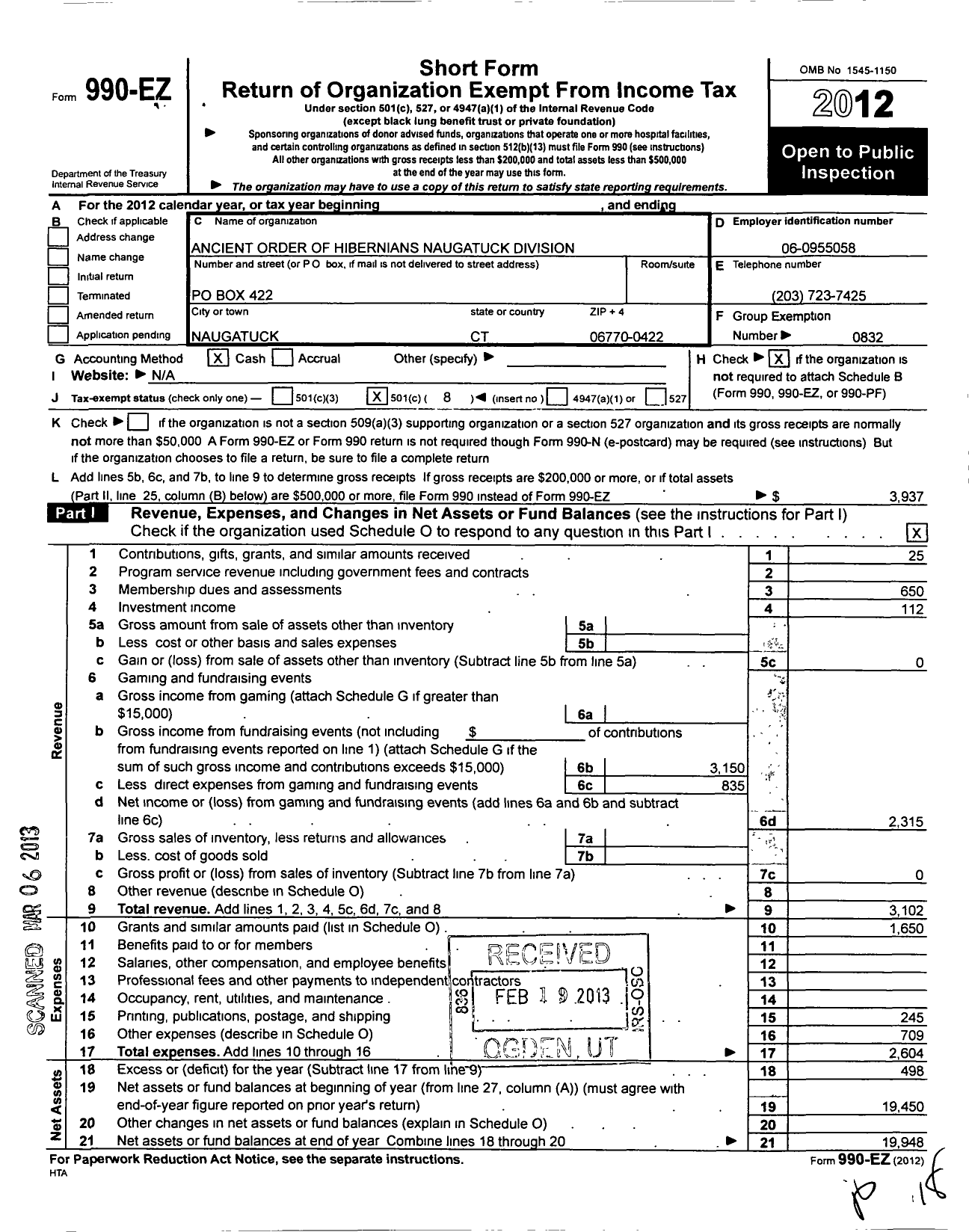 Image of first page of 2012 Form 990EO for Ancient Order of Hibernians in America - 06 NH 1N