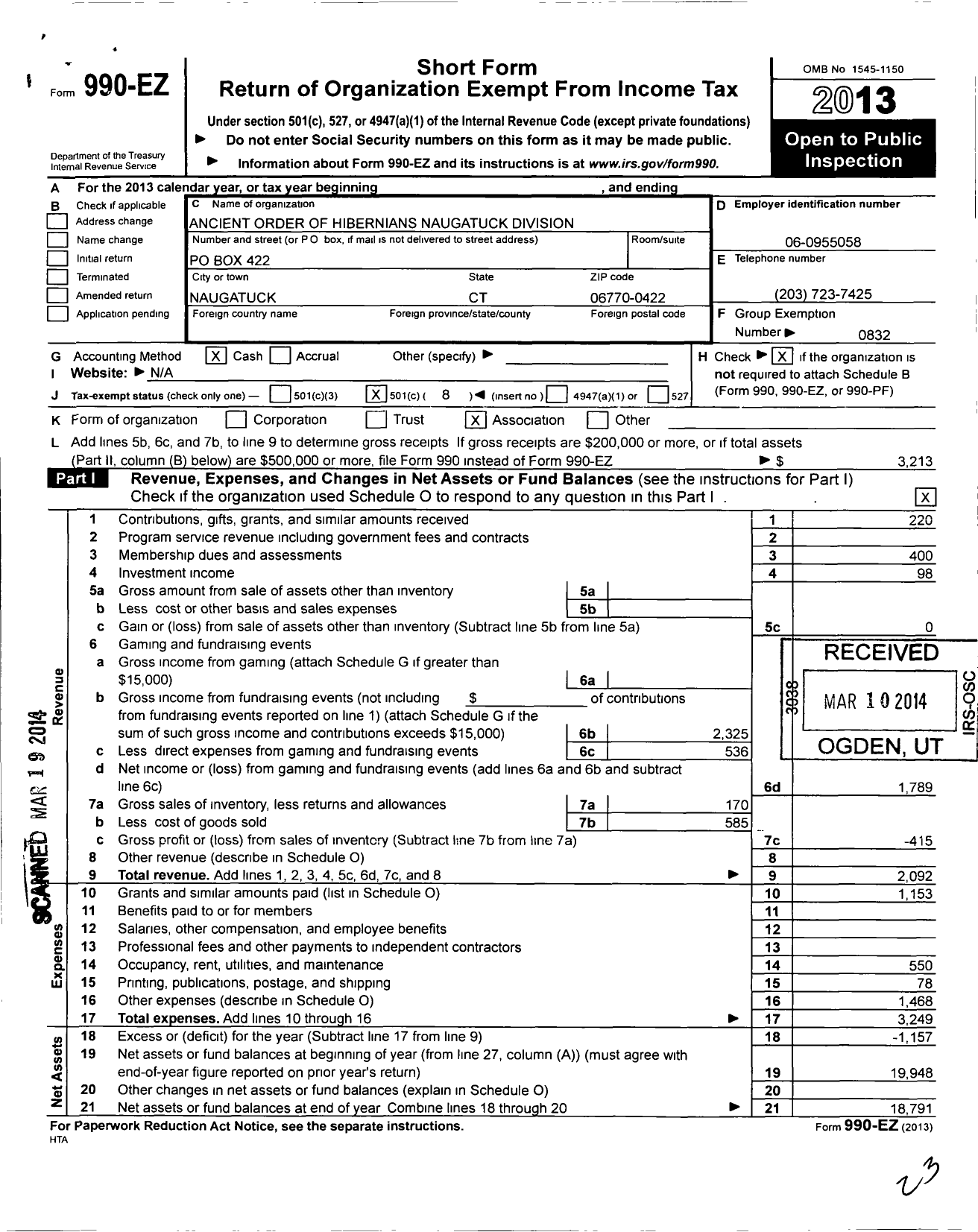 Image of first page of 2013 Form 990EO for Ancient Order of Hibernians in America - 06 NH 1N