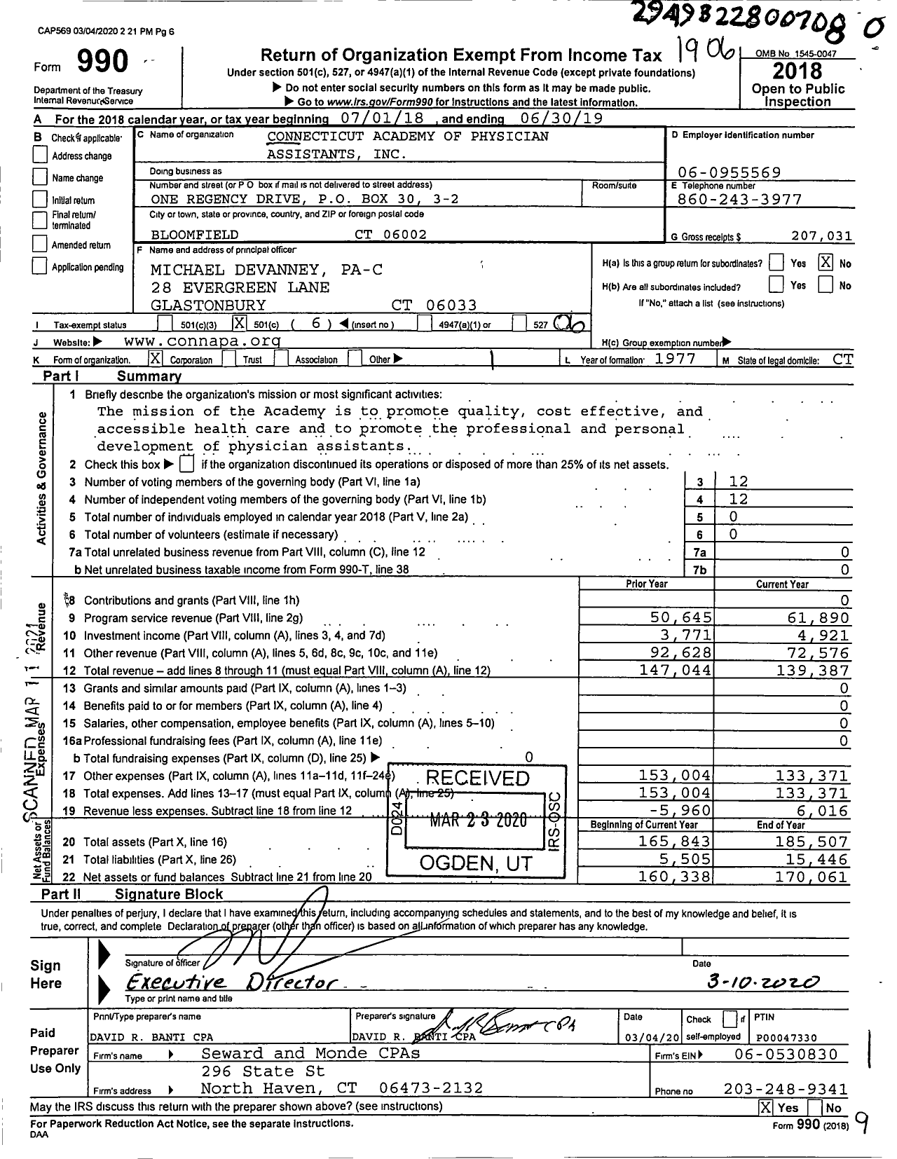 Image of first page of 2018 Form 990O for Connecticut Academy of Physician Associates