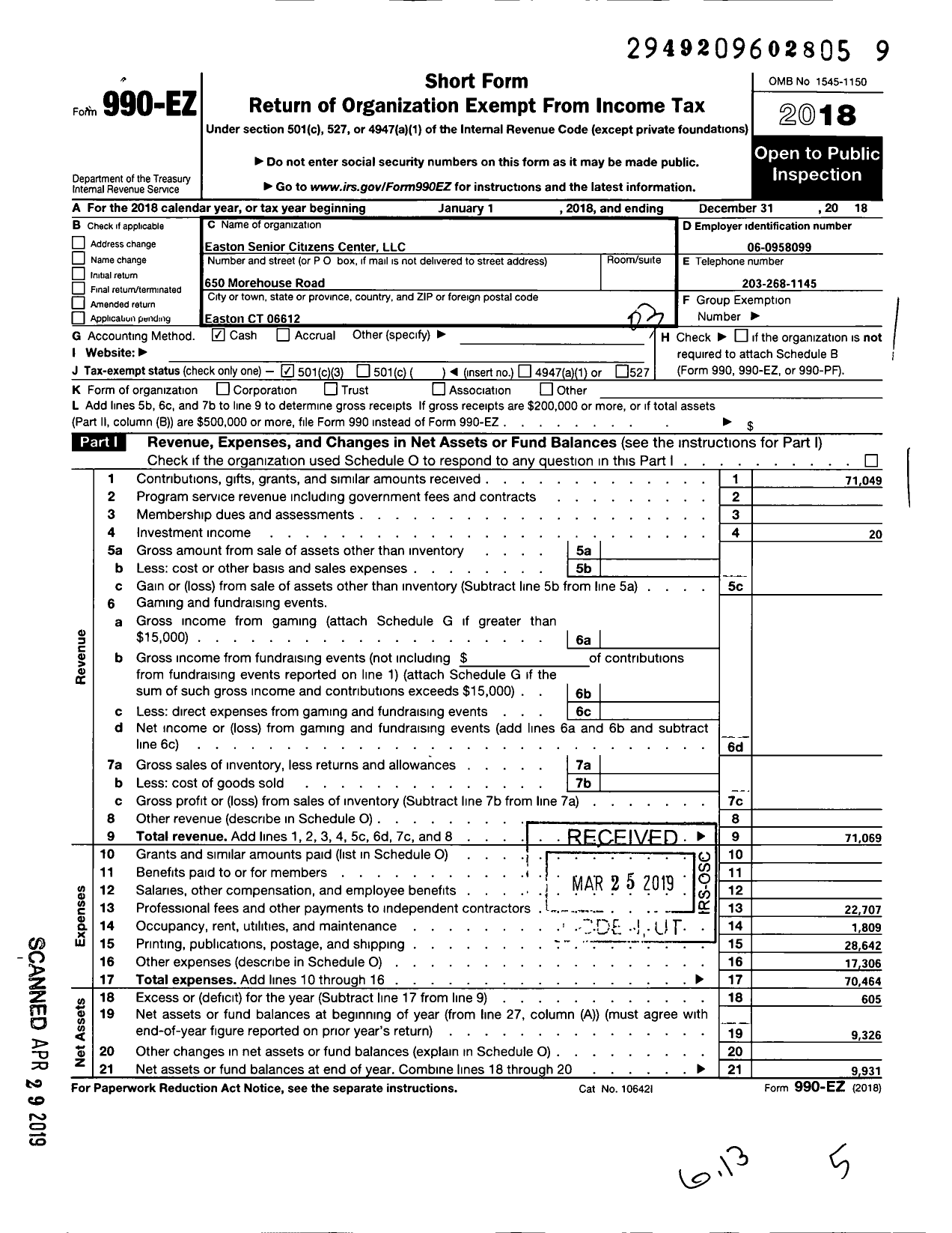 Image of first page of 2018 Form 990EZ for Easton Senior Center