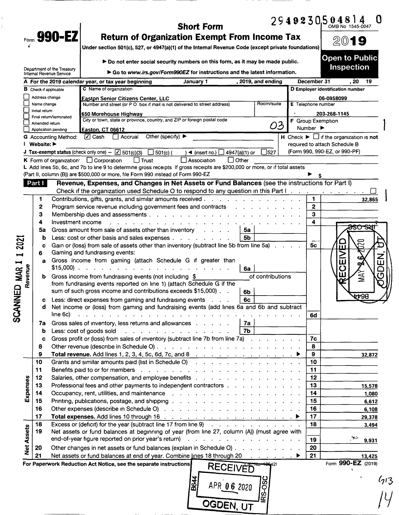 Image of first page of 2019 Form 990EZ for Easton Senior Center