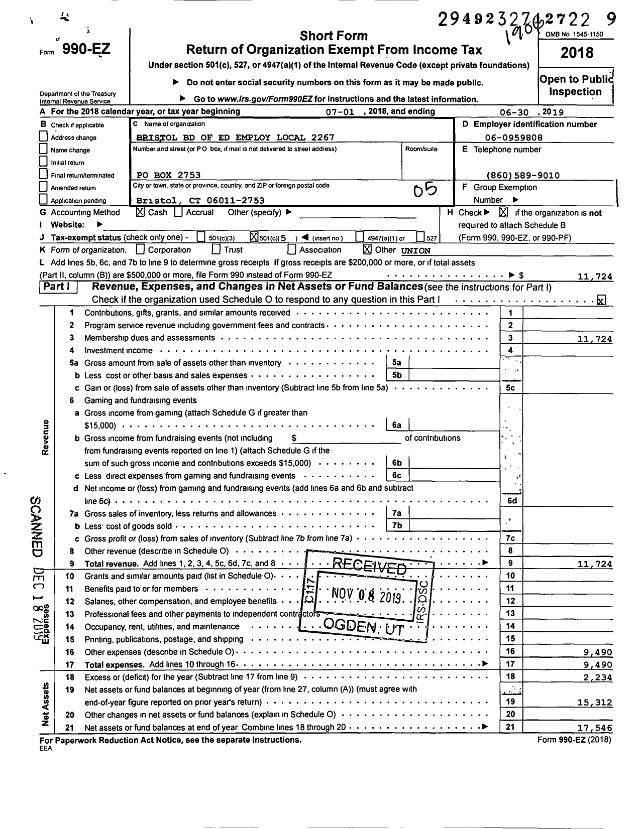 Image of first page of 2018 Form 990EO for American Federation of State County & Municipal Employees - L2267CT Bristol Conn BD of Educ Emp