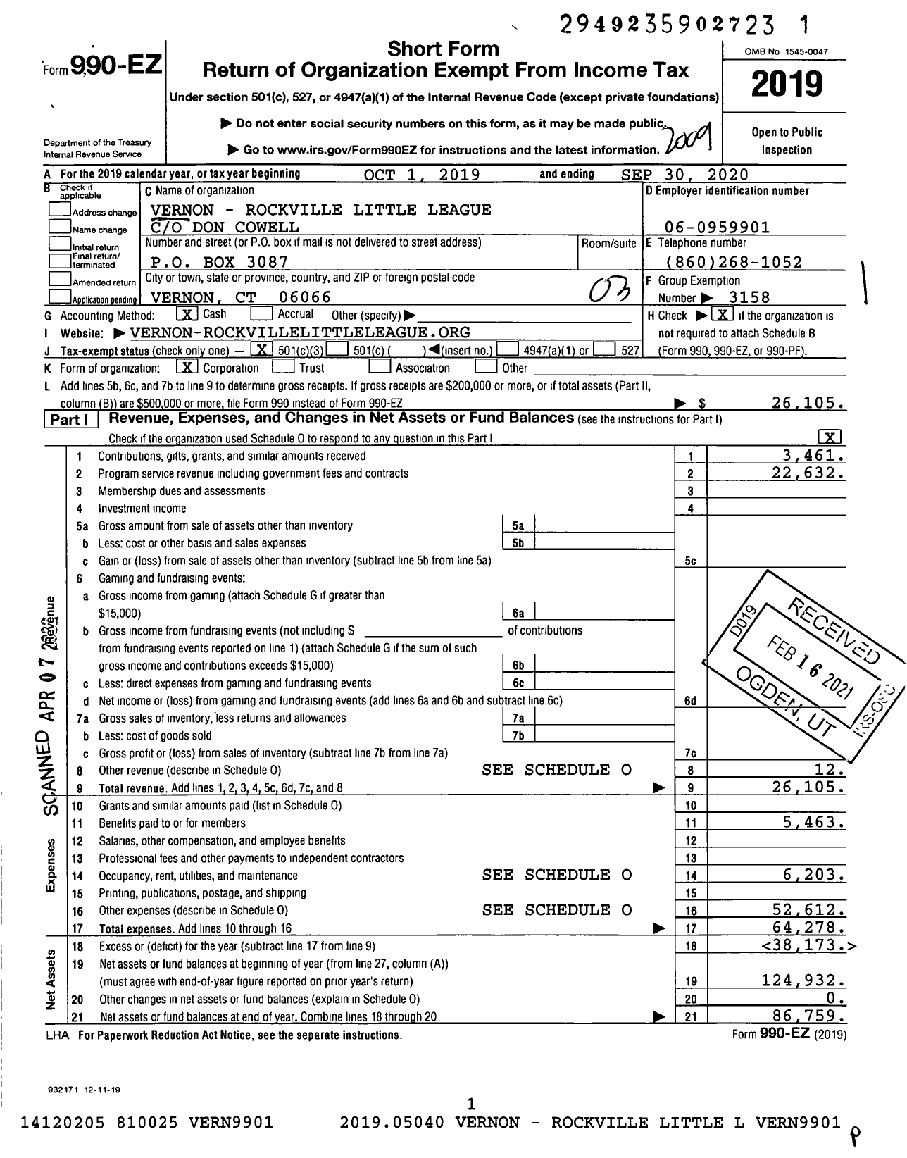 Image of first page of 2019 Form 990EZ for Little League Baseball - 2070805 Vernon-Rockville LL