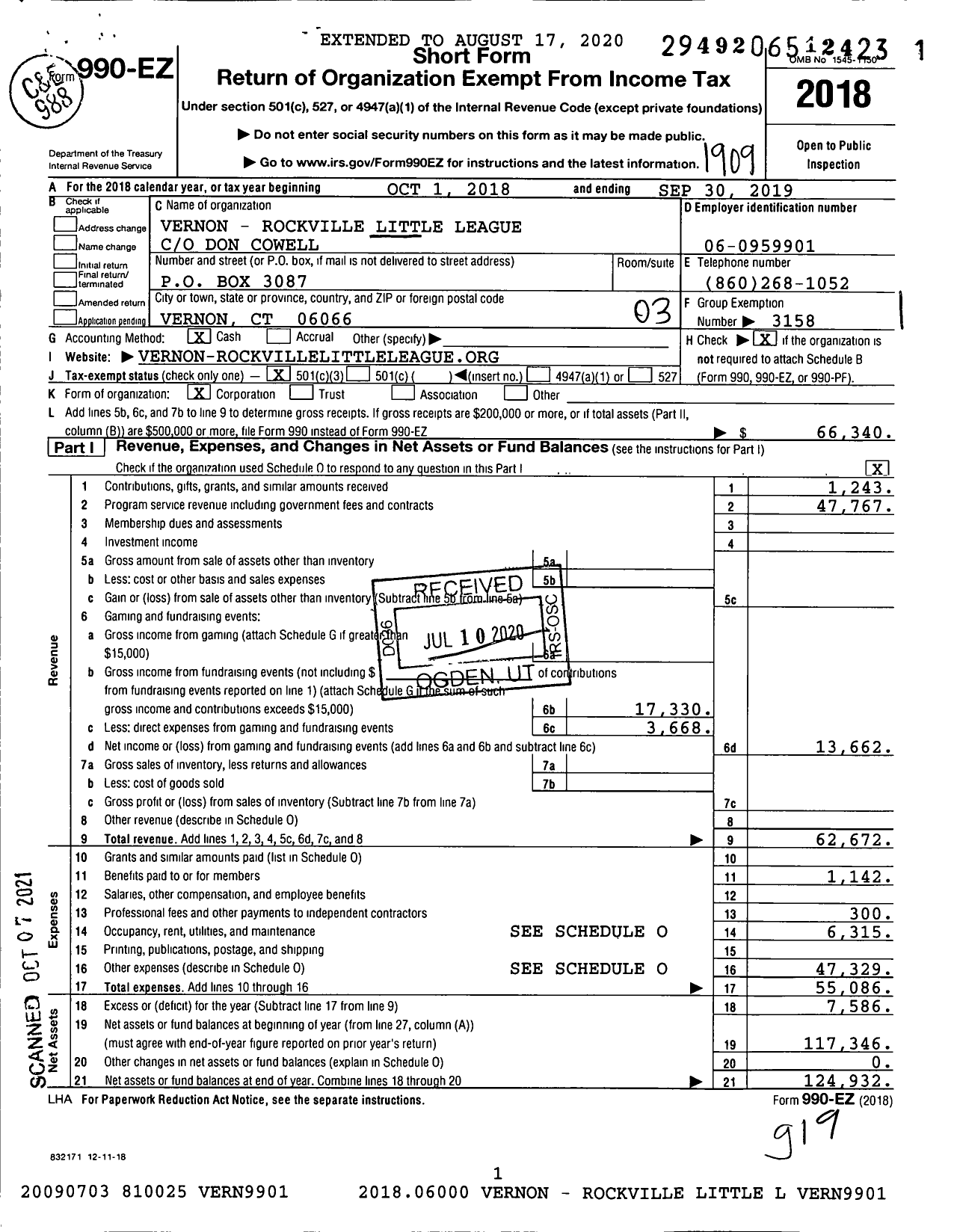 Image of first page of 2018 Form 990EZ for Little League Baseball - 2070805 Vernon-Rockville LL