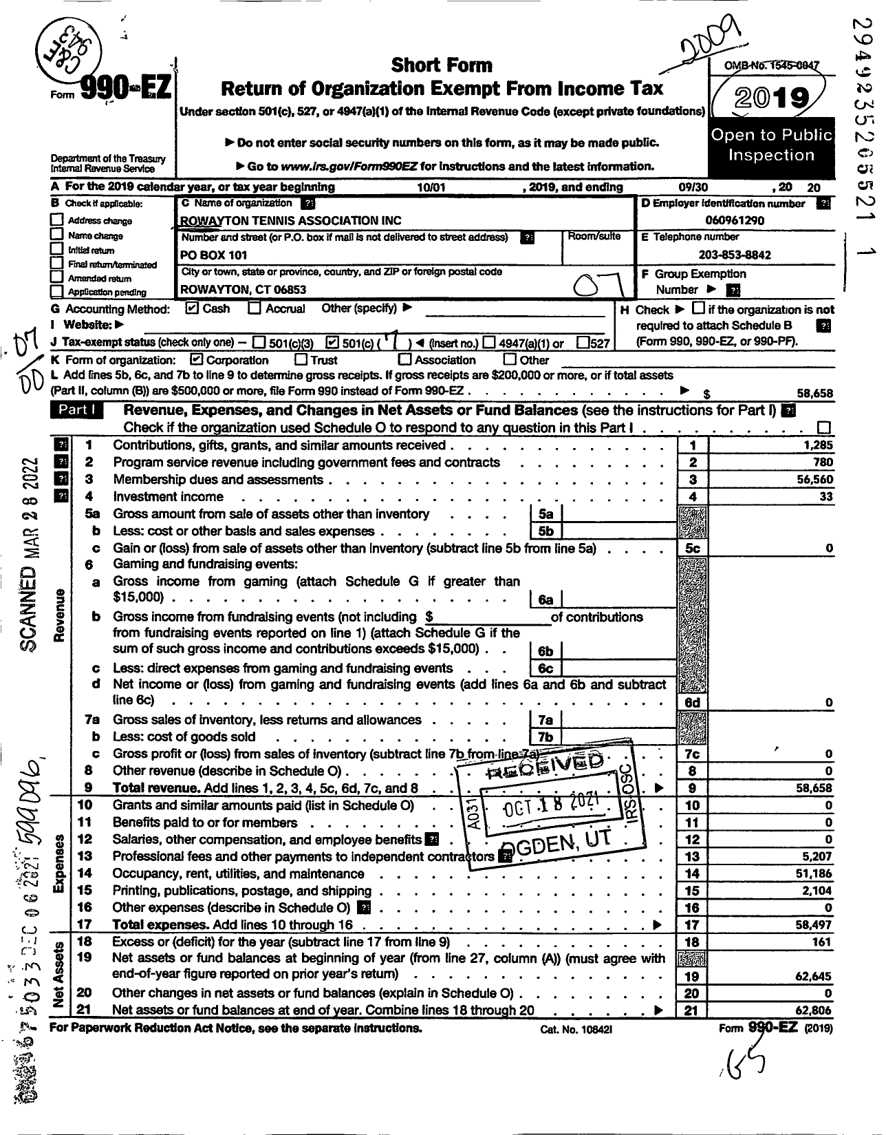 Image of first page of 2019 Form 990EO for Rowayton Tennis Association