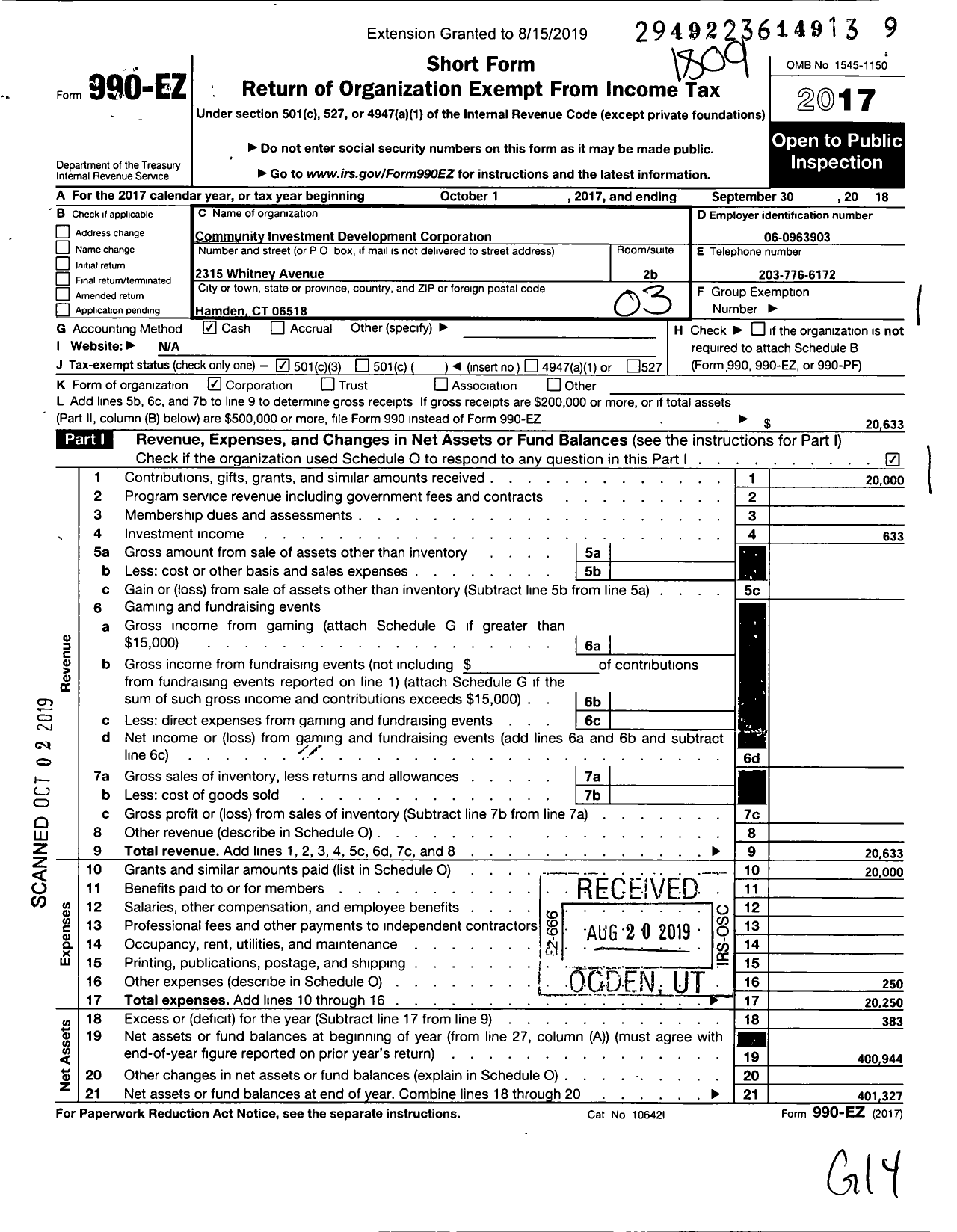 Image of first page of 2017 Form 990EZ for Community Investment Development Corporation