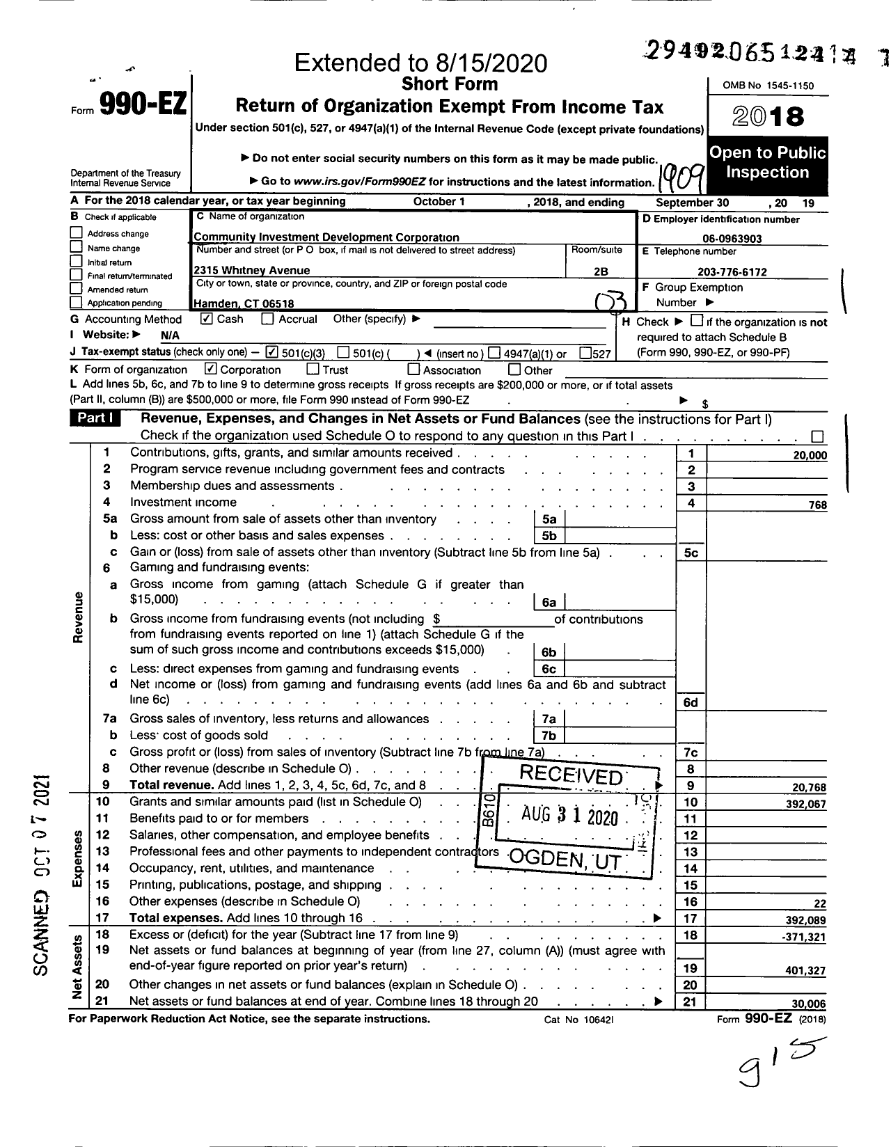 Image of first page of 2018 Form 990EZ for Community Investment Development Corporation