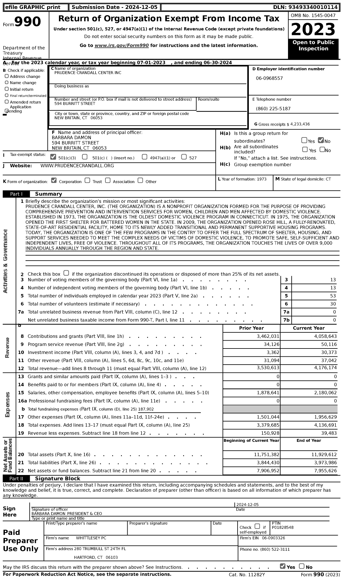 Image of first page of 2023 Form 990 for Prudence Crandall Center (PCC)