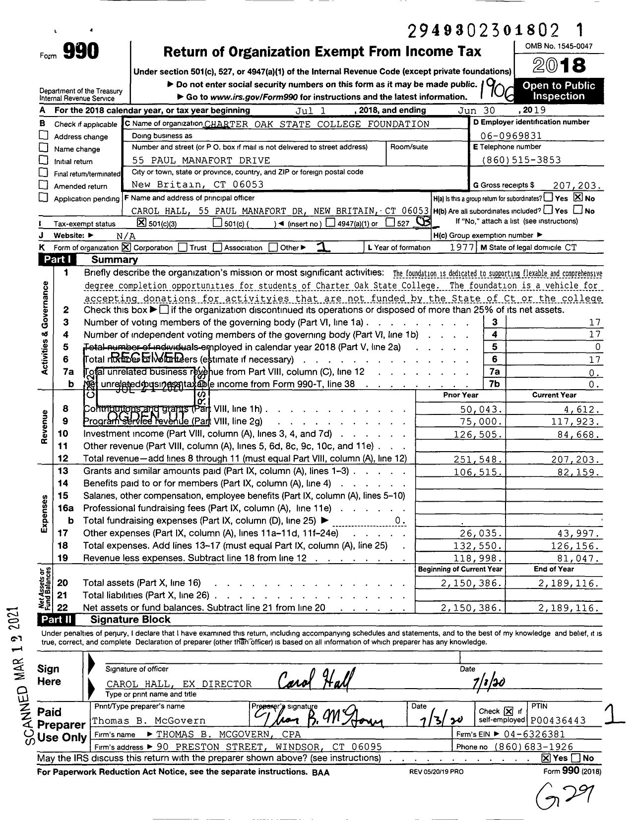 Image of first page of 2018 Form 990 for Charter Oak State College Foundation