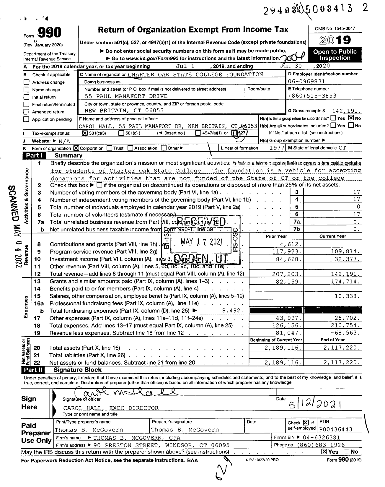 Image of first page of 2019 Form 990 for Charter Oak State College Foundation