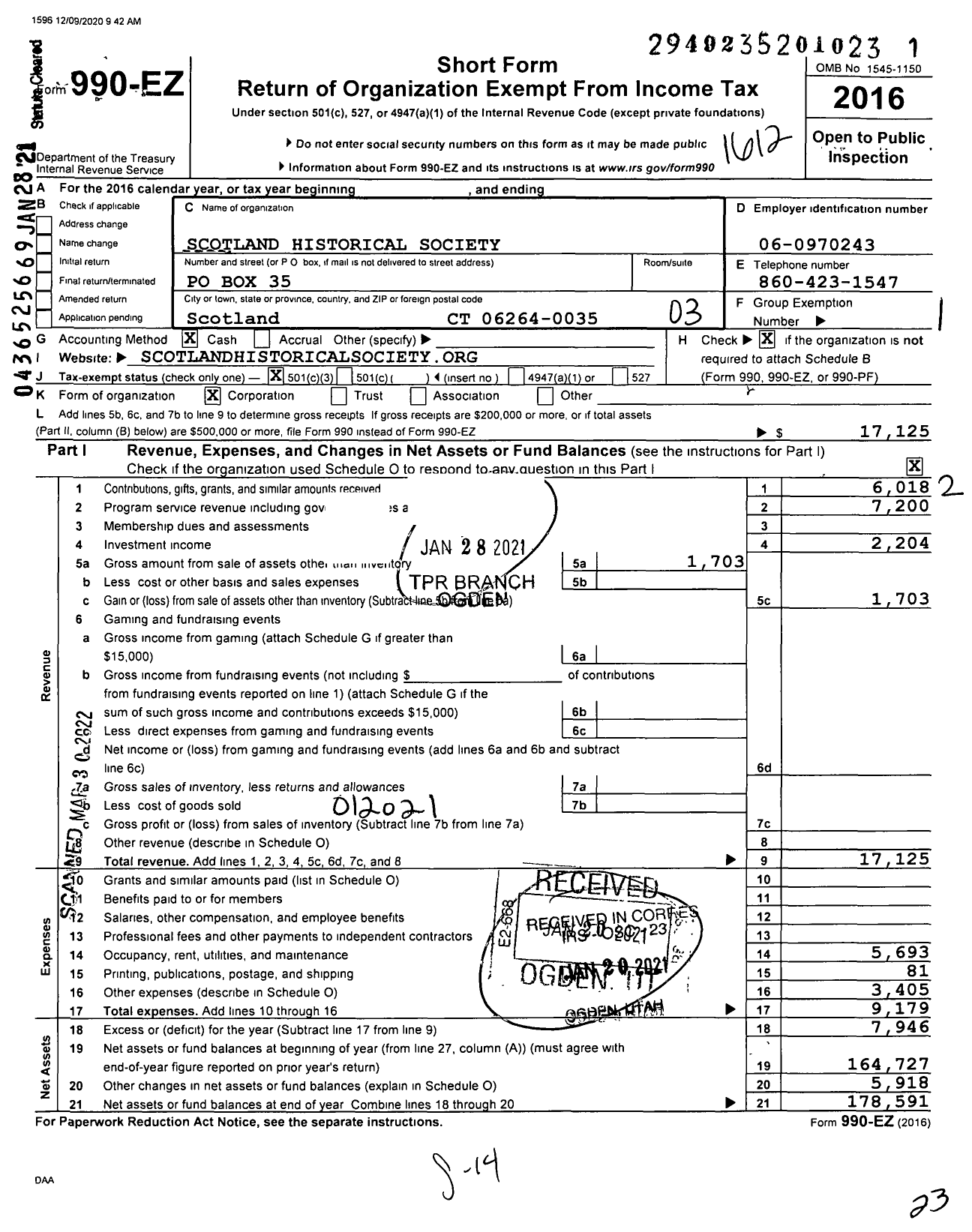 Image of first page of 2016 Form 990EZ for Scotland Historical Society