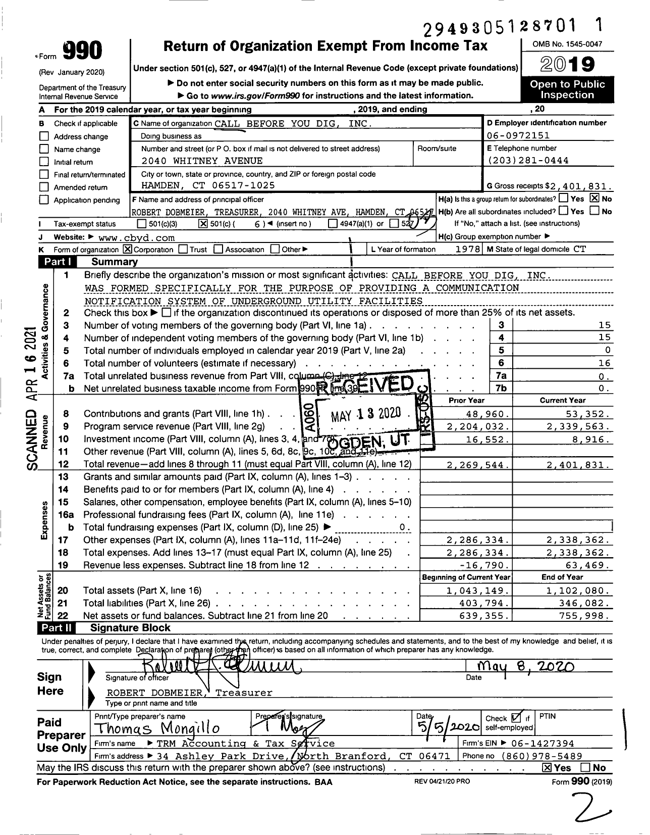 Image of first page of 2019 Form 990 for Call Before You Dig (CBYD)