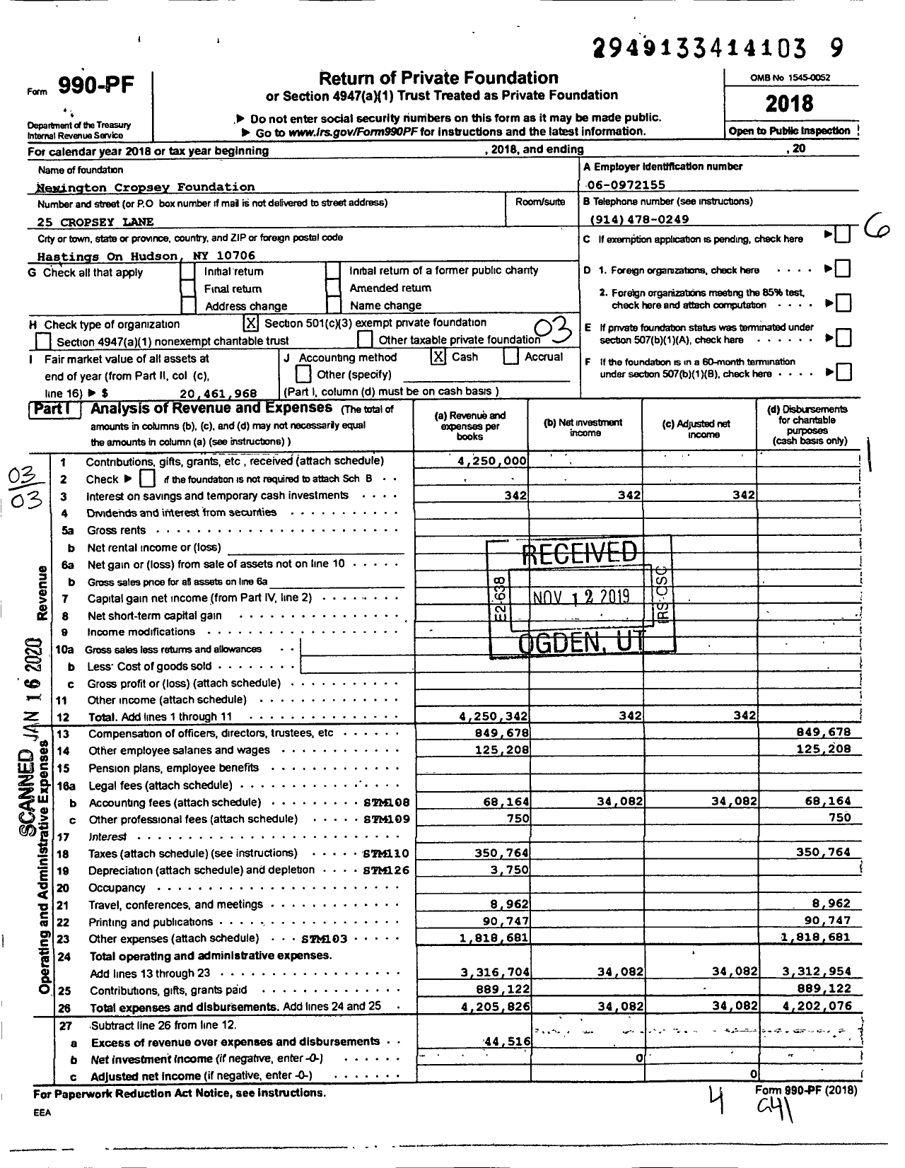 Image of first page of 2018 Form 990PF for Newington-Cropsey Foundation (NCF)