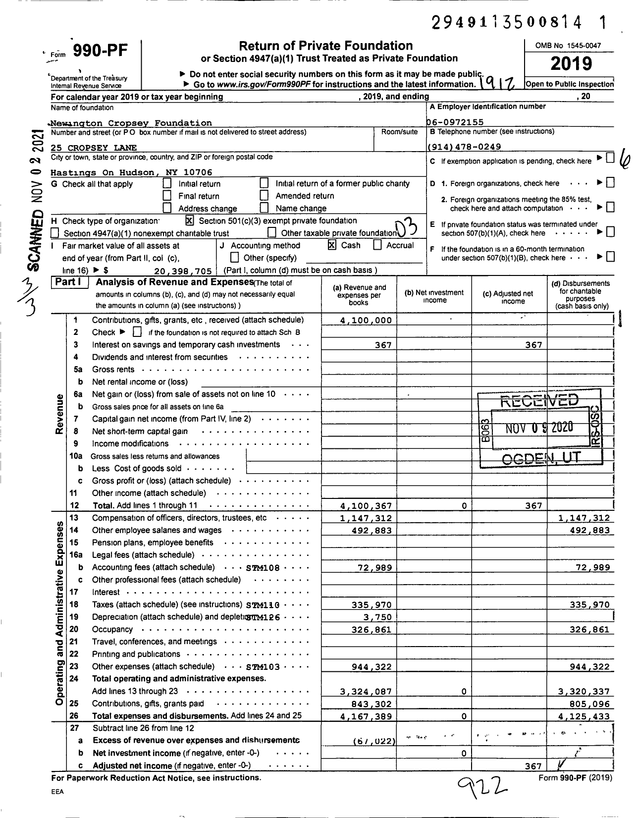 Image of first page of 2019 Form 990PF for Newington-Cropsey Foundation (NCF)