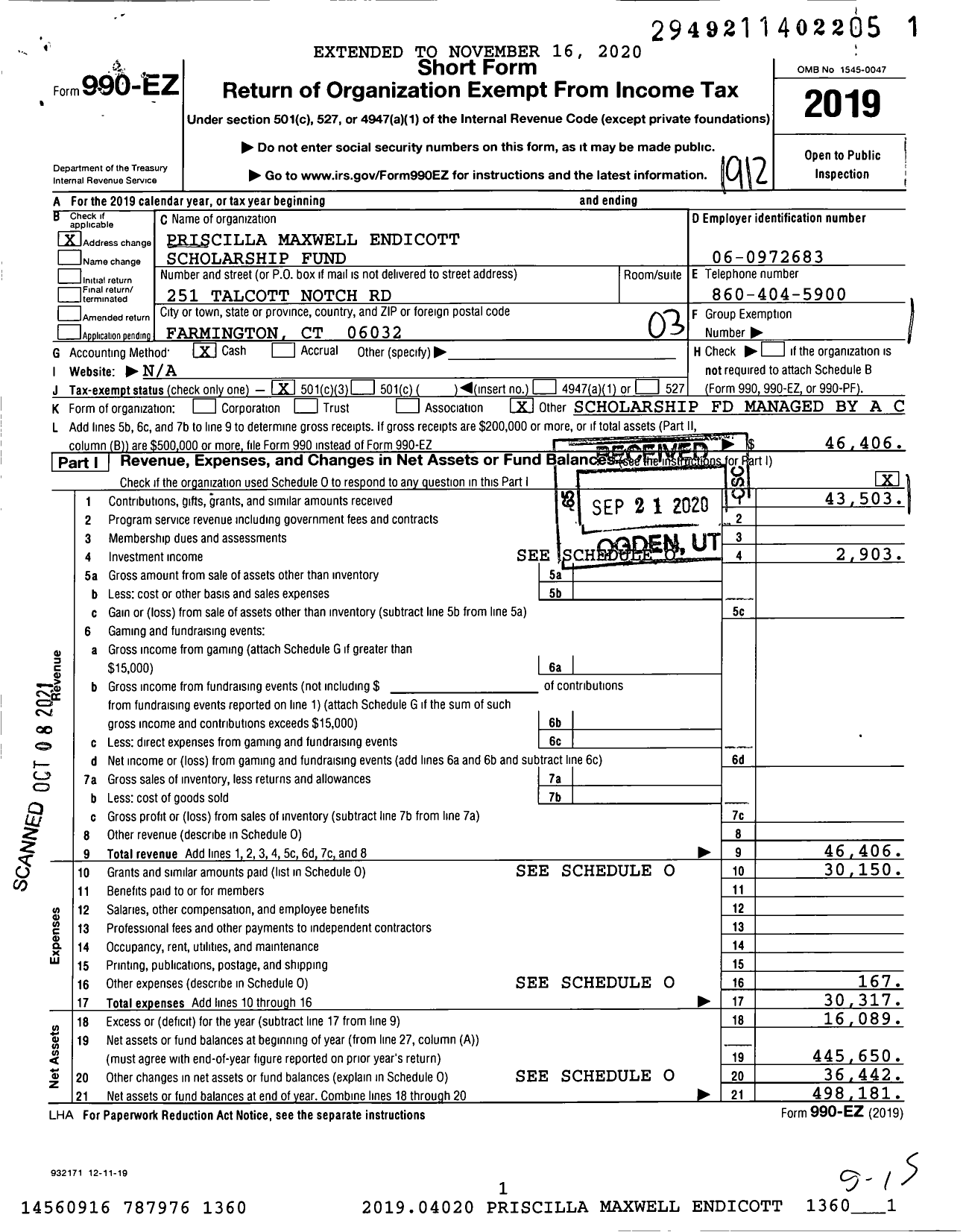 Image of first page of 2019 Form 990EZ for Priscilla Maxwell Endicott Scholarship Fund