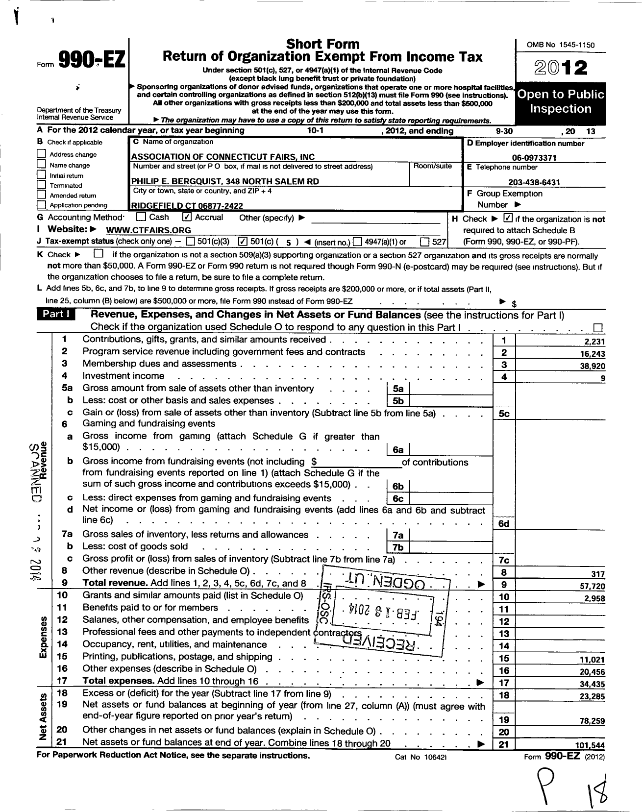 Image of first page of 2012 Form 990EO for Association of Connecticut Fairs