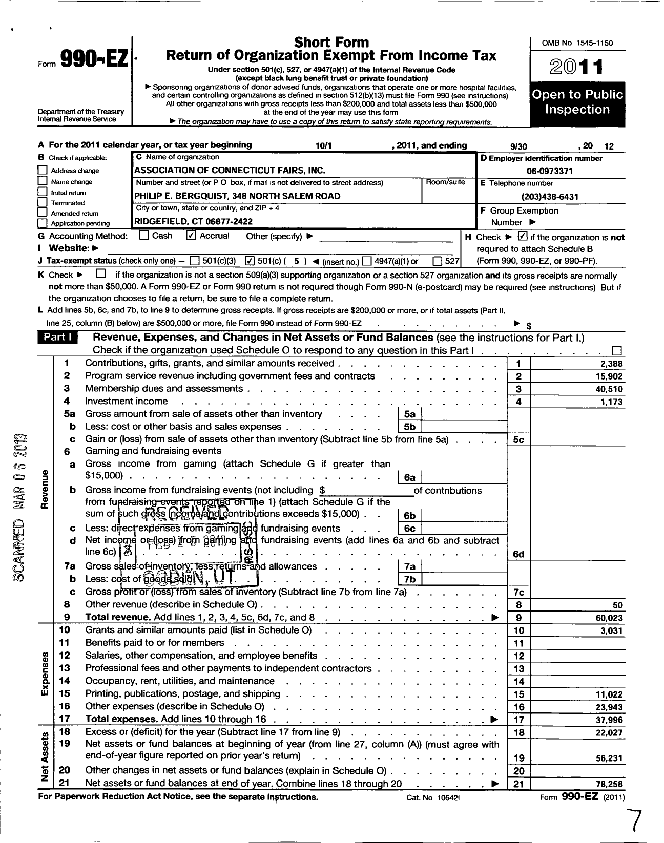 Image of first page of 2011 Form 990EO for Association of Connecticut Fairs