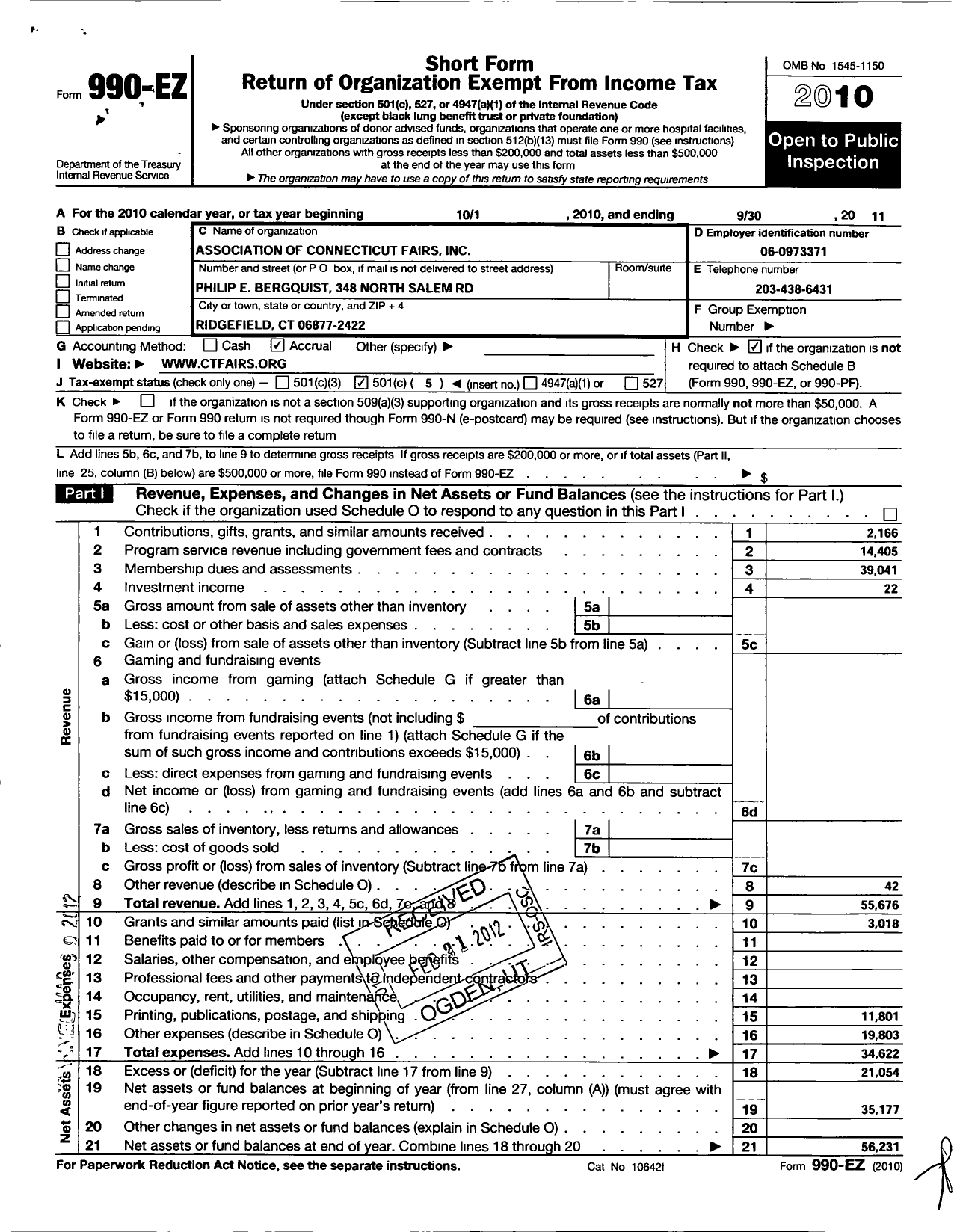 Image of first page of 2010 Form 990EO for Association of Connecticut Fairs