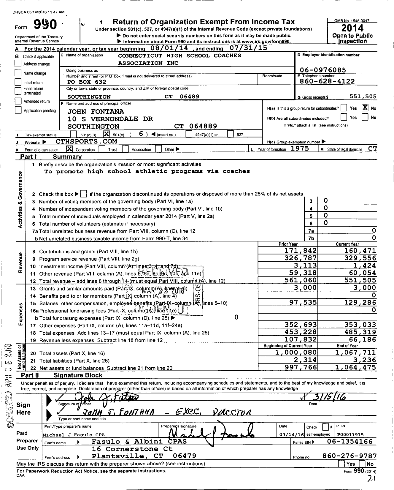 Image of first page of 2014 Form 990O for Connecticut High School Coaches Association