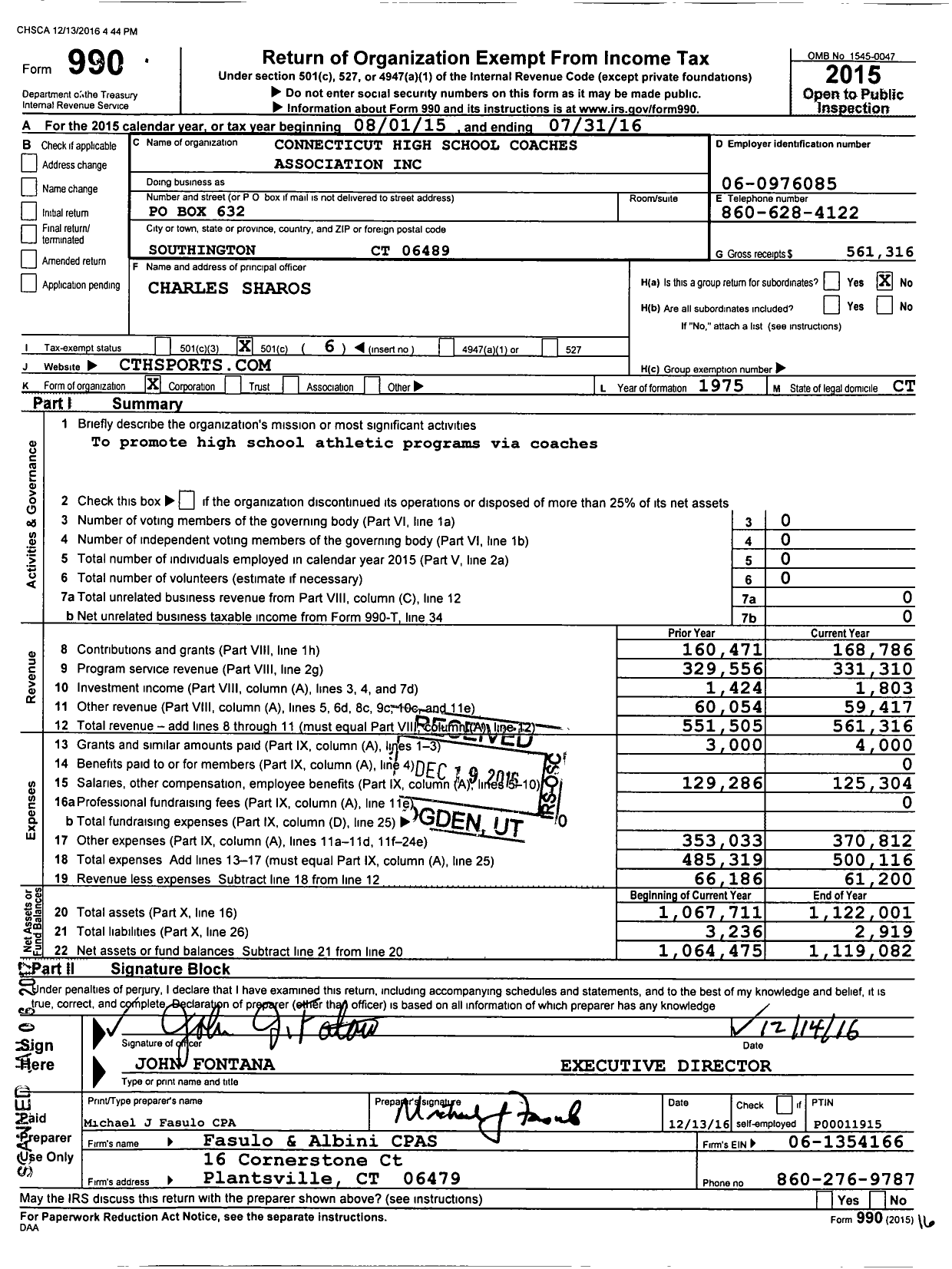 Image of first page of 2015 Form 990O for Connecticut High School Coaches Association