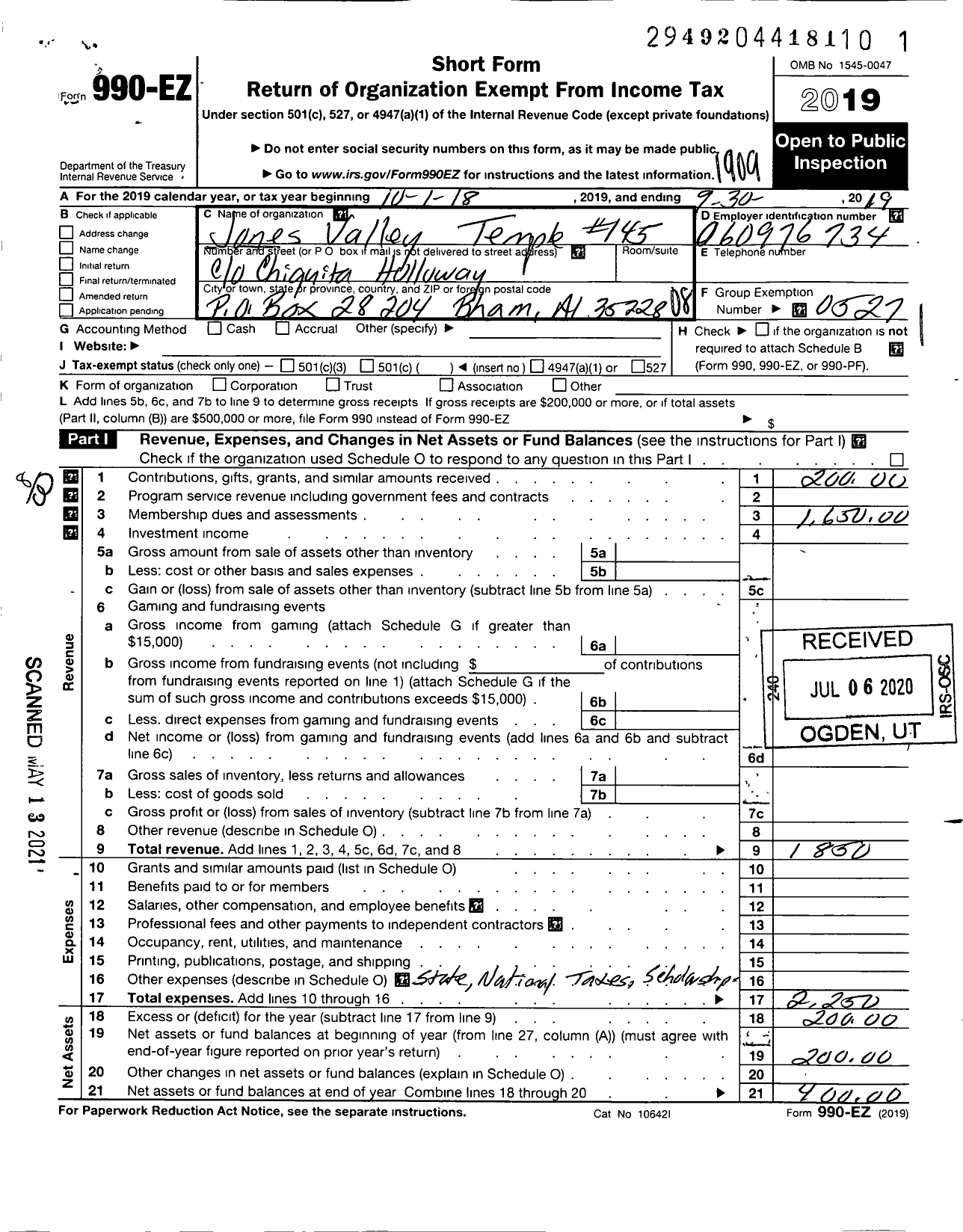 Image of first page of 2018 Form 990EO for Improved Benevolent and Protective Order of Elks of the World - 145 Jones Valley Temple