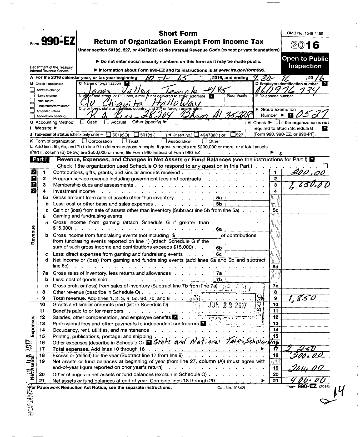 Image of first page of 2015 Form 990EO for Improved Benevolent and Protective Order of Elks of the World - 145 Jones Valley Temple