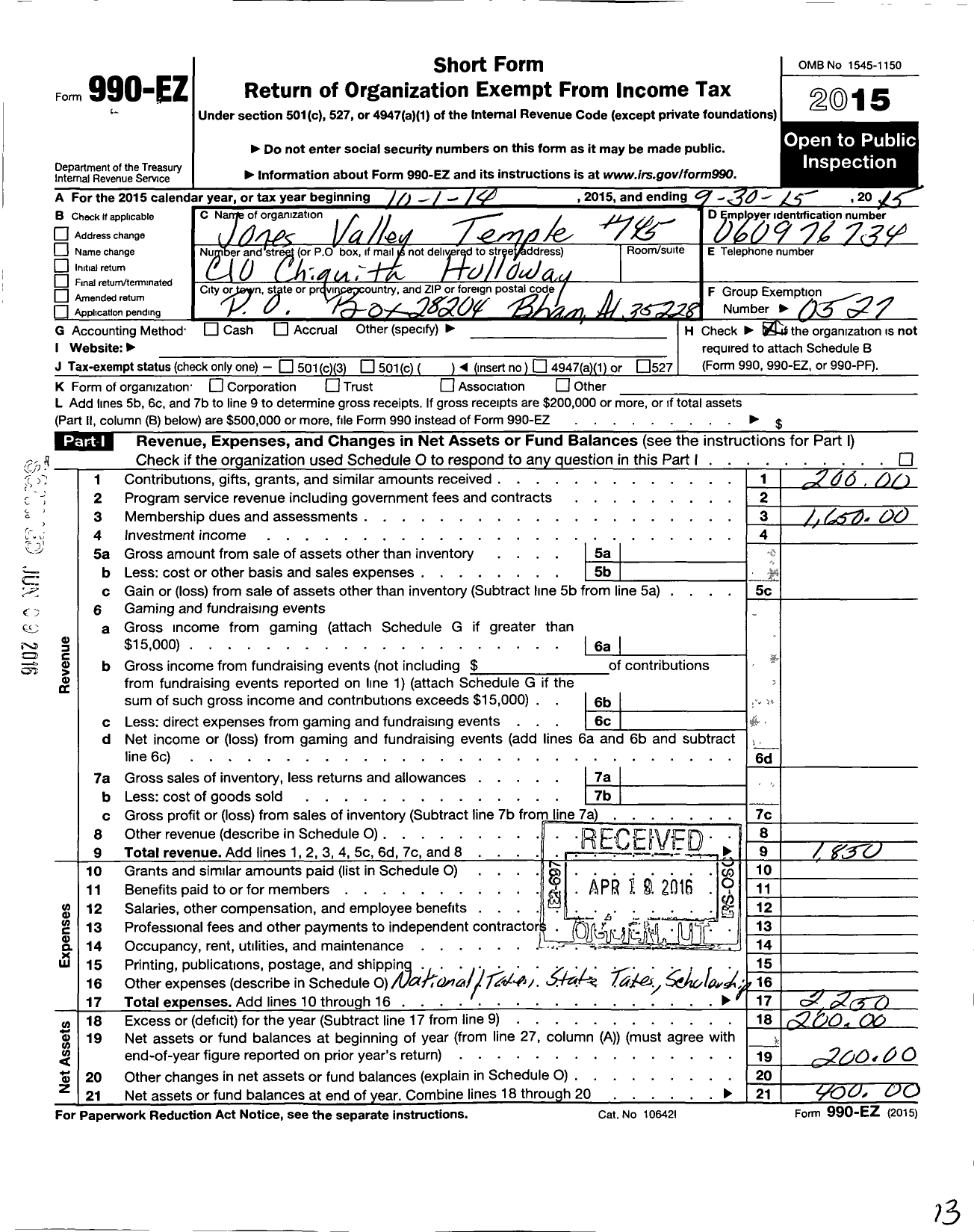 Image of first page of 2014 Form 990EO for Improved Benevolent and Protective Order of Elks of the World - 145 Jones Valley Temple