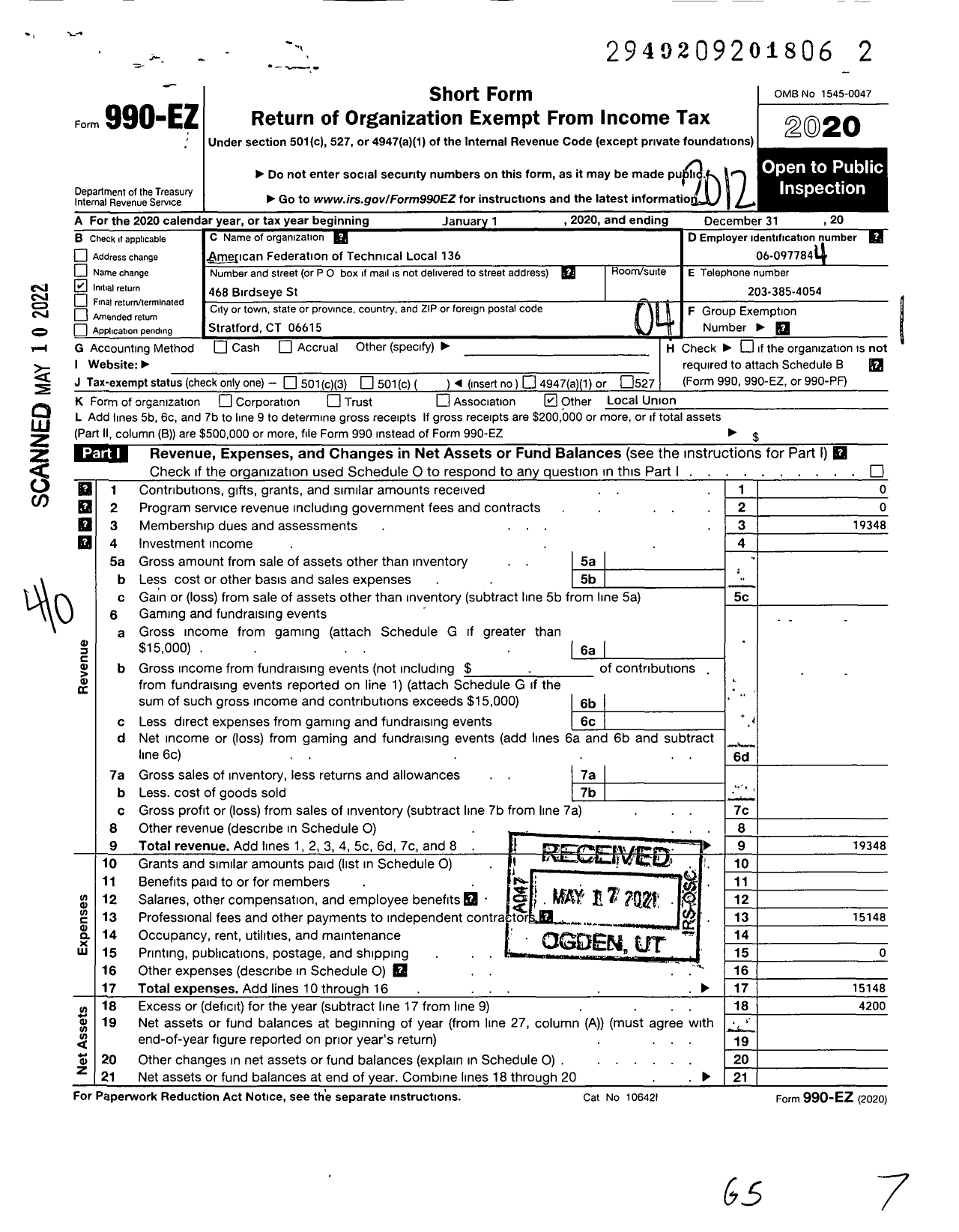 Image of first page of 2020 Form 990EO for American Federation of Technical Engineers