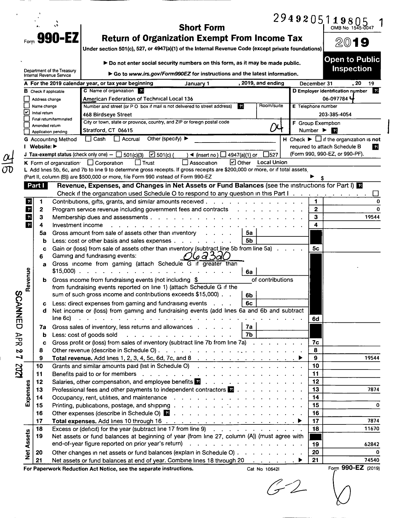 Image of first page of 2019 Form 990EO for American Federation of Technical Engineers