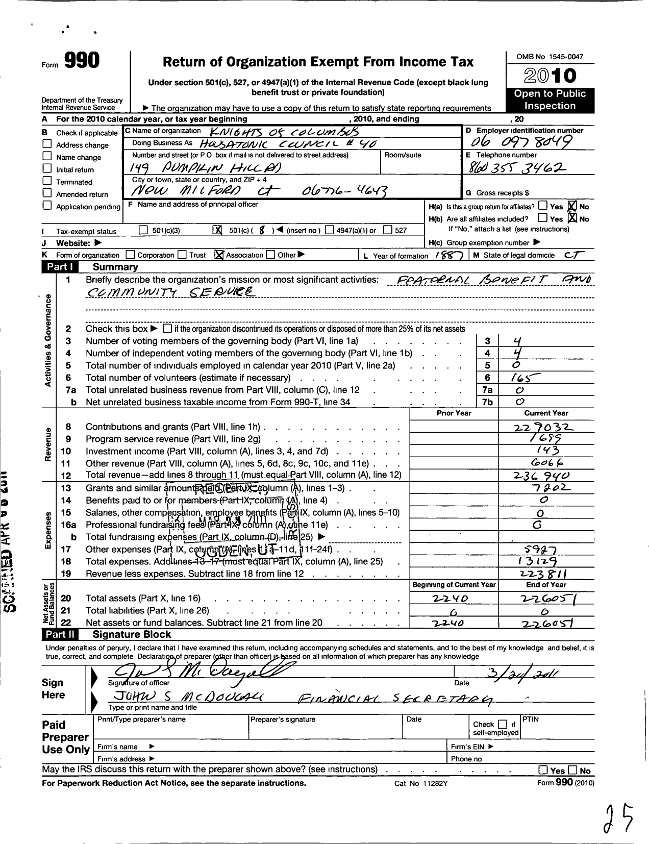 Image of first page of 2010 Form 990O for Knights of Columbus - Hasatonic Council 40